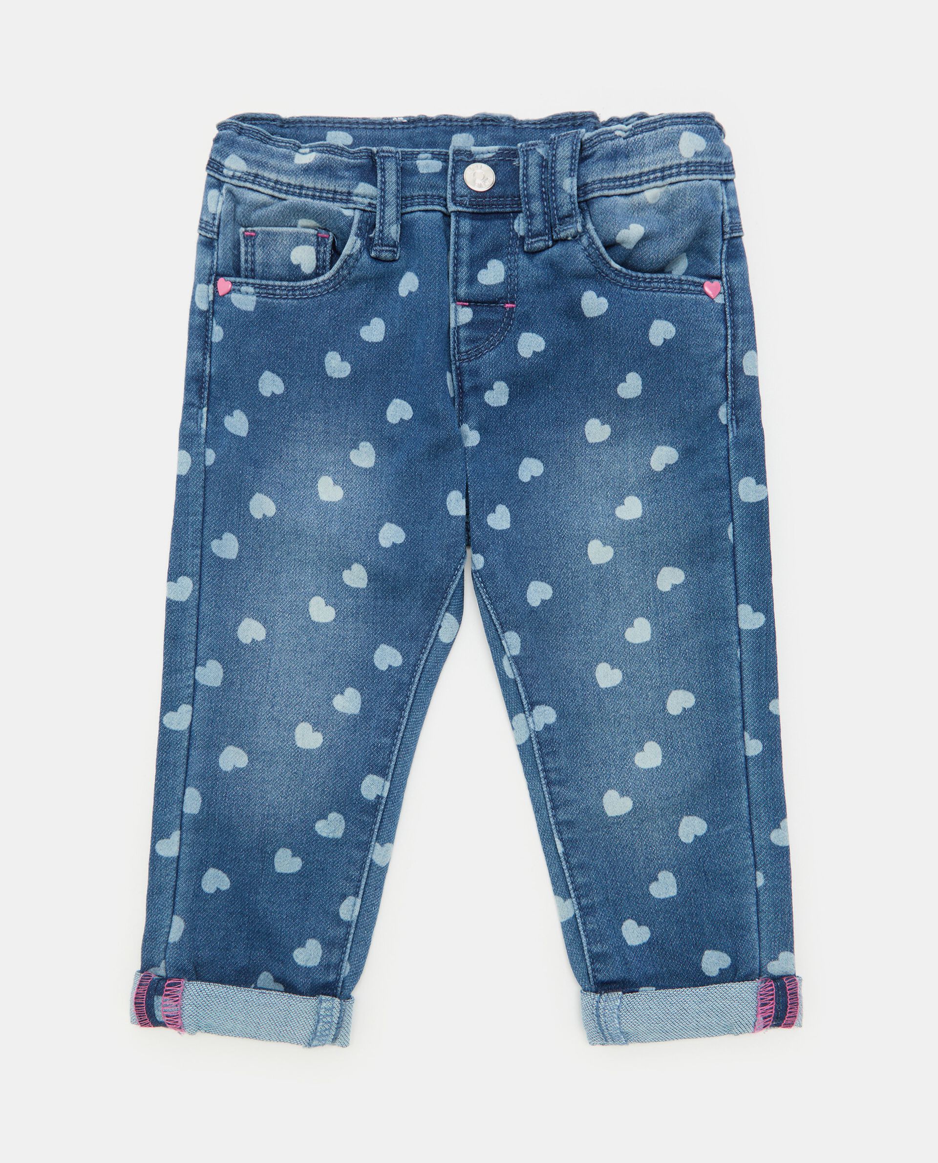 Jeans con stampa all over misto cotone neonata