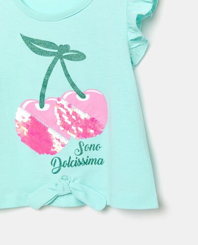 T-shirt smanicata in puro cotone con rouches e paillettes bambina detail 1