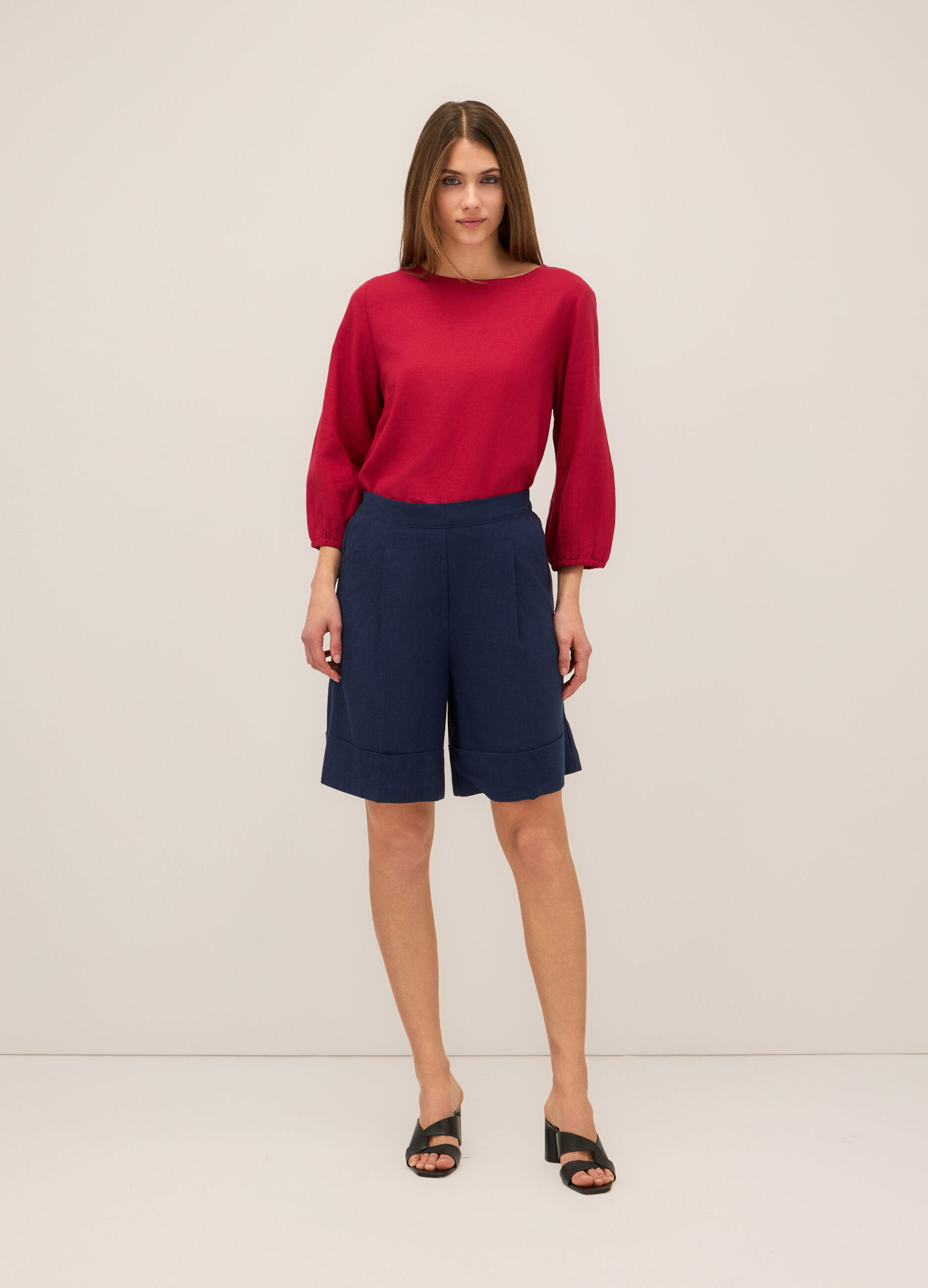 Bermuda misto lino con risvolto donna