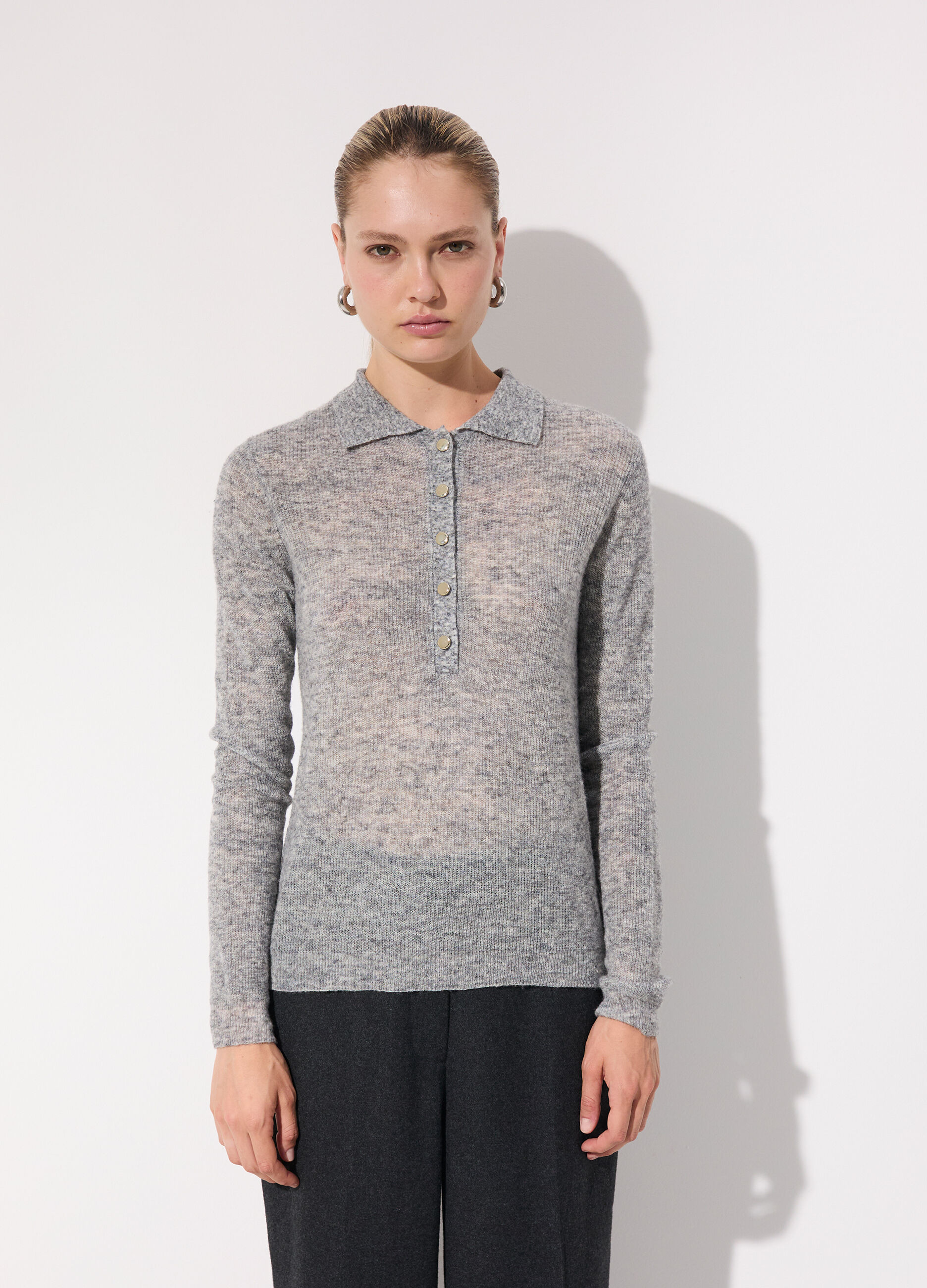 Polo tricot in misto lana e alpaca a maniche lunghe donna_1