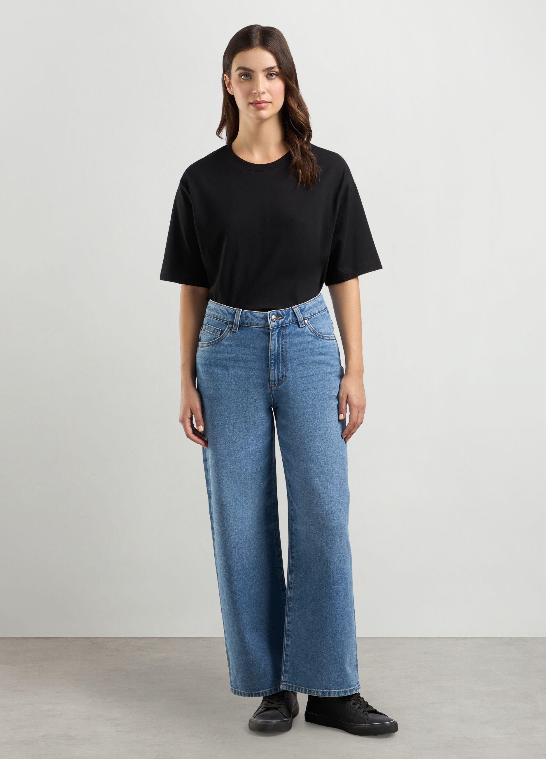 Pantaloni in denim di puro cotone wide leg donna_0