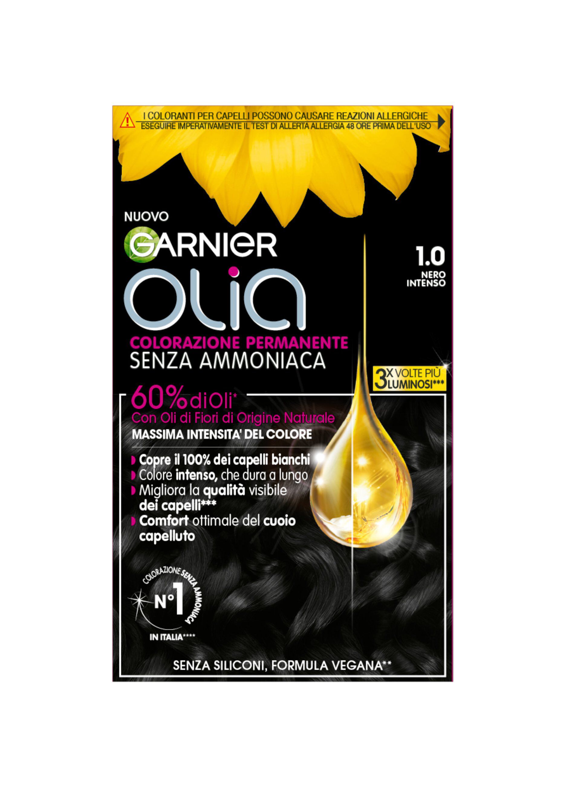 Garnier Tinta Capelli Olia, Colorazione permanente senza ammoniaca per una fragranza delicata, copre il 100% dei capelli bianchi, Con oli di fiori di origine naturale, Nero Intenso (1.0)._0