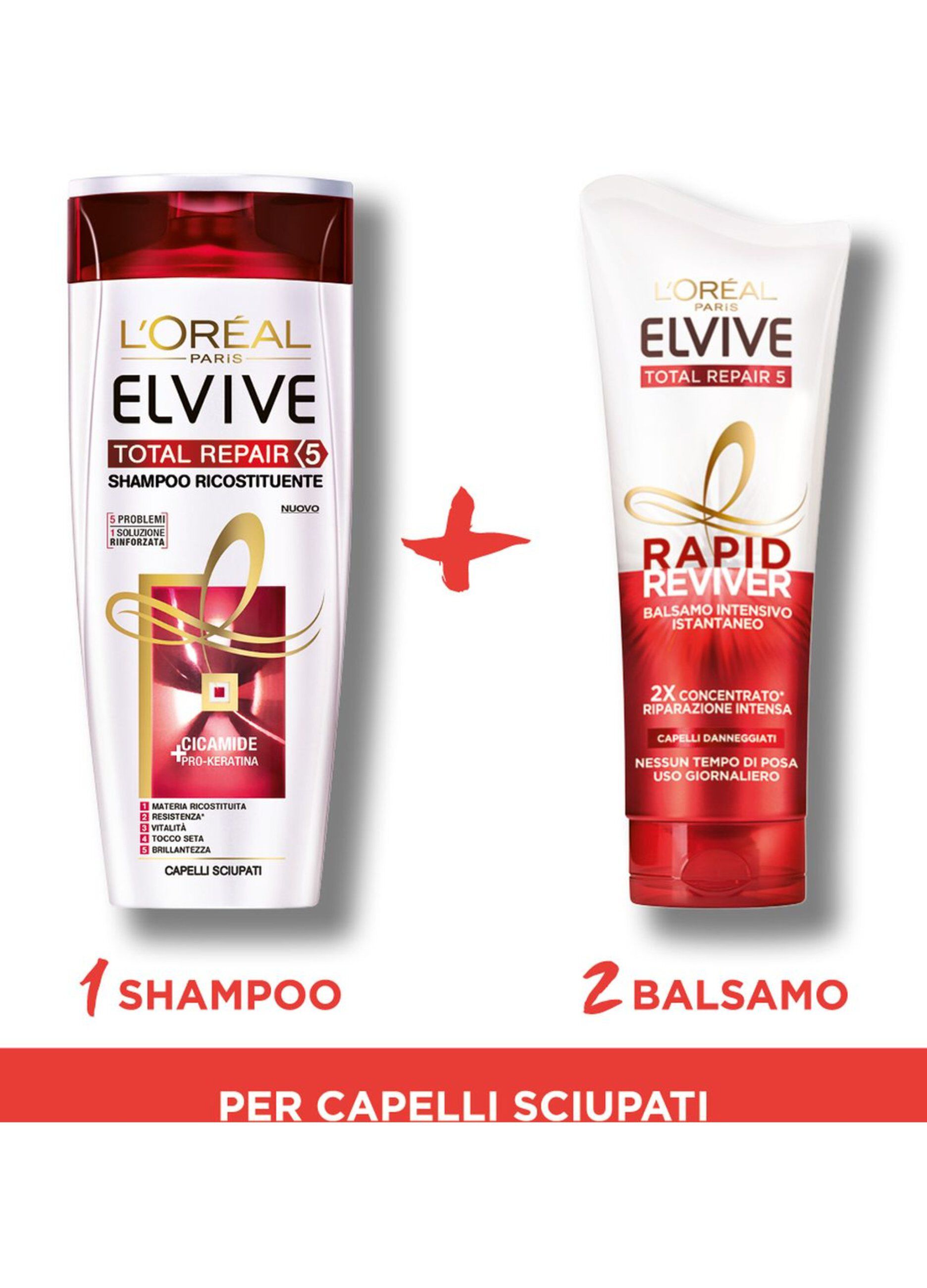 L'Oréal Paris Balsamo Istantaneo Rapid Reviver Elvive Total Repair 5, Arricchito con Amminoacido e Vitamina E, per Capelli Danneggiati, 180 ml.