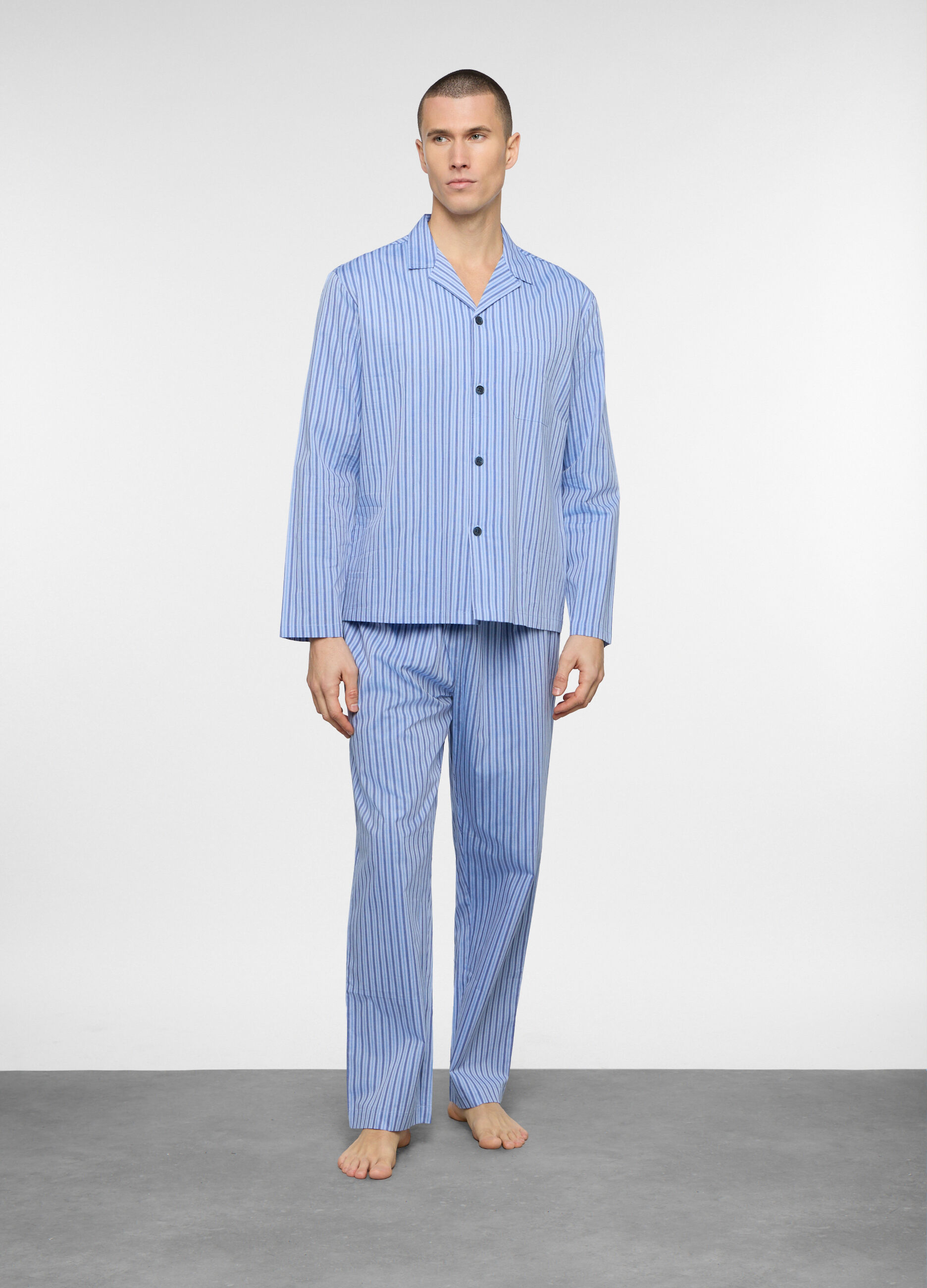 Pigiama lungo in tela di cotone a righe uomo_0