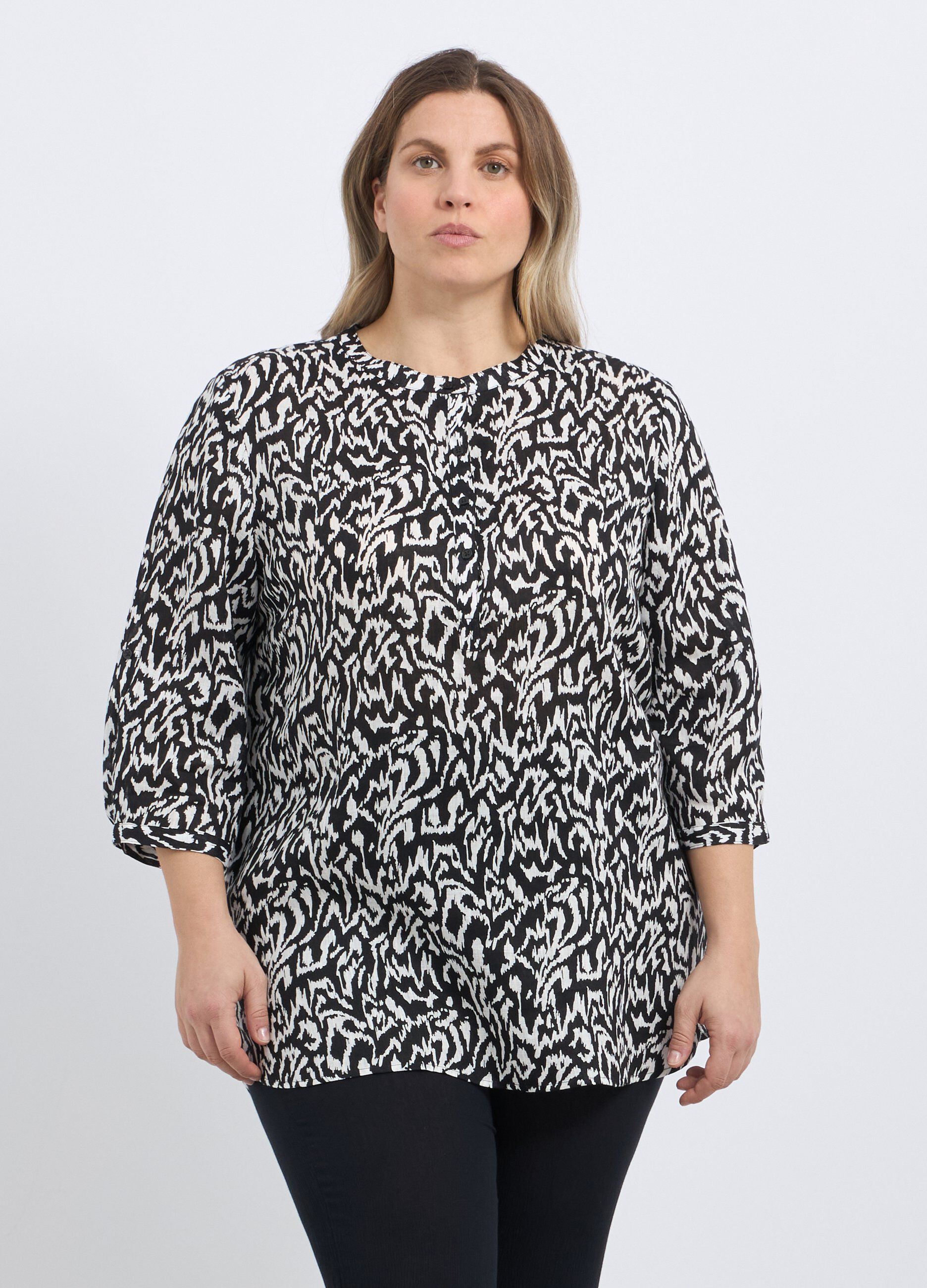 Blusa in puro lino con stampa donna curvy_0