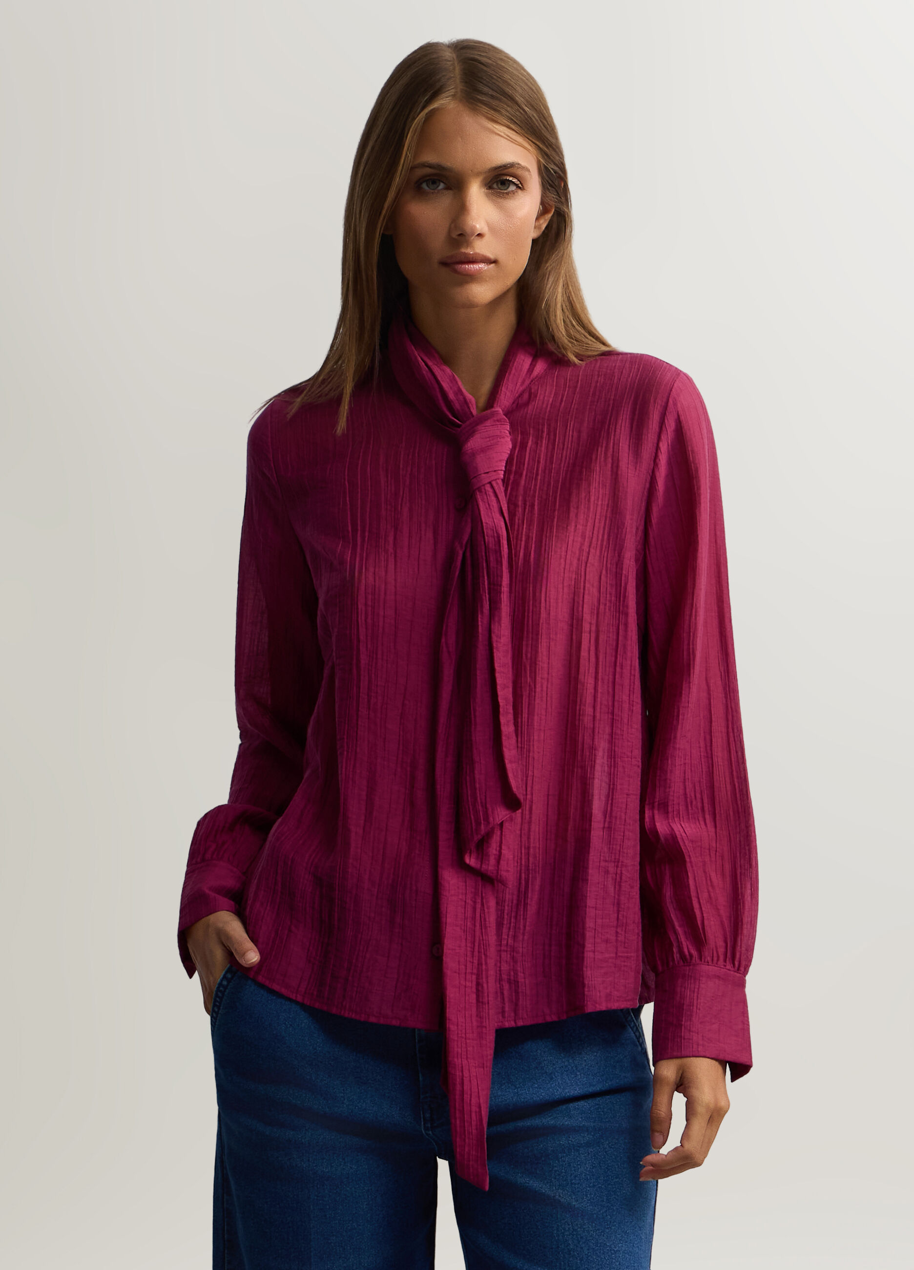 Camicia Fit Over con scollo con nodo in mista Lyocell donna_0