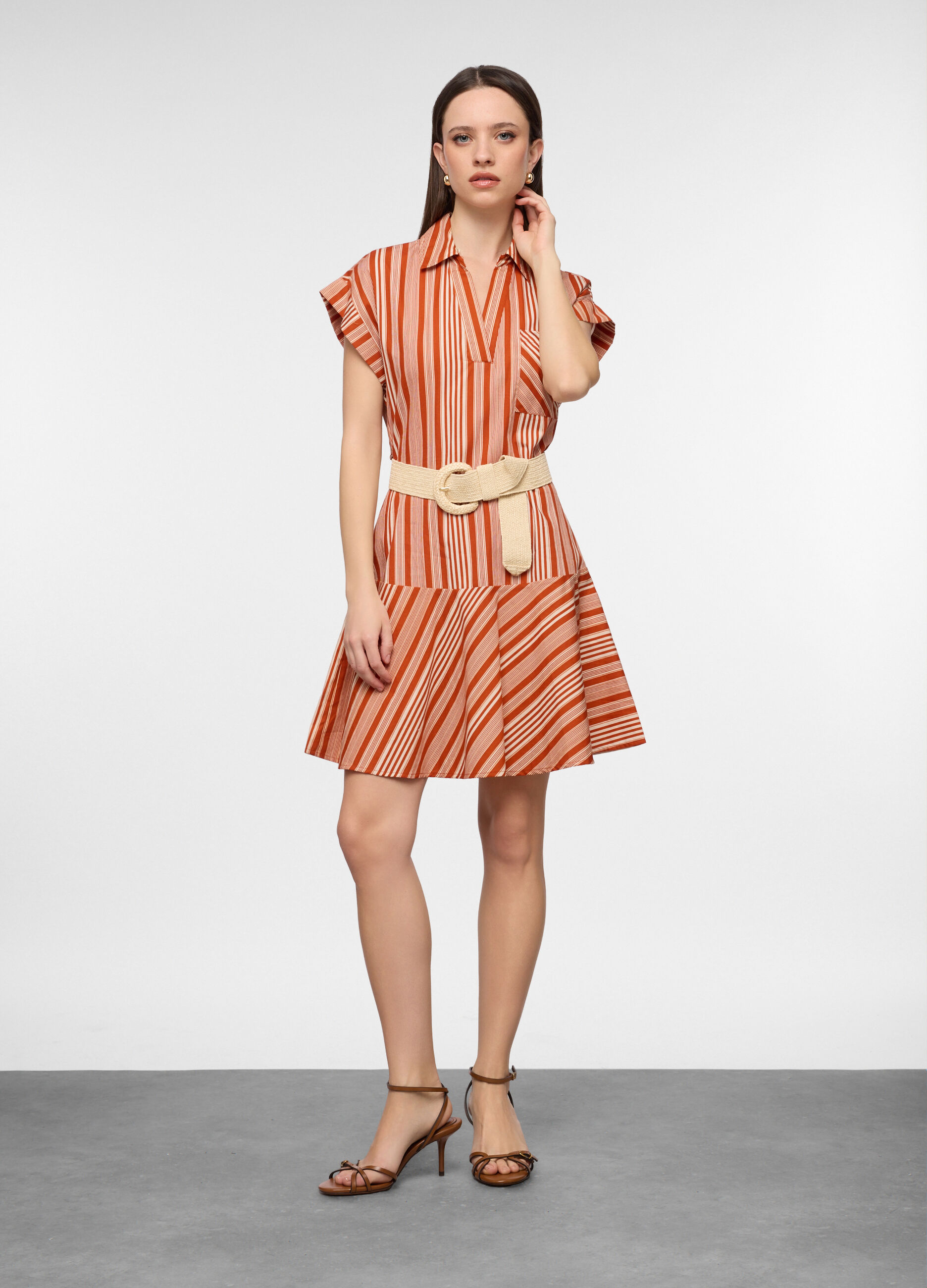 Vestito corto con scollo a V in puro cotone popeline donna_0