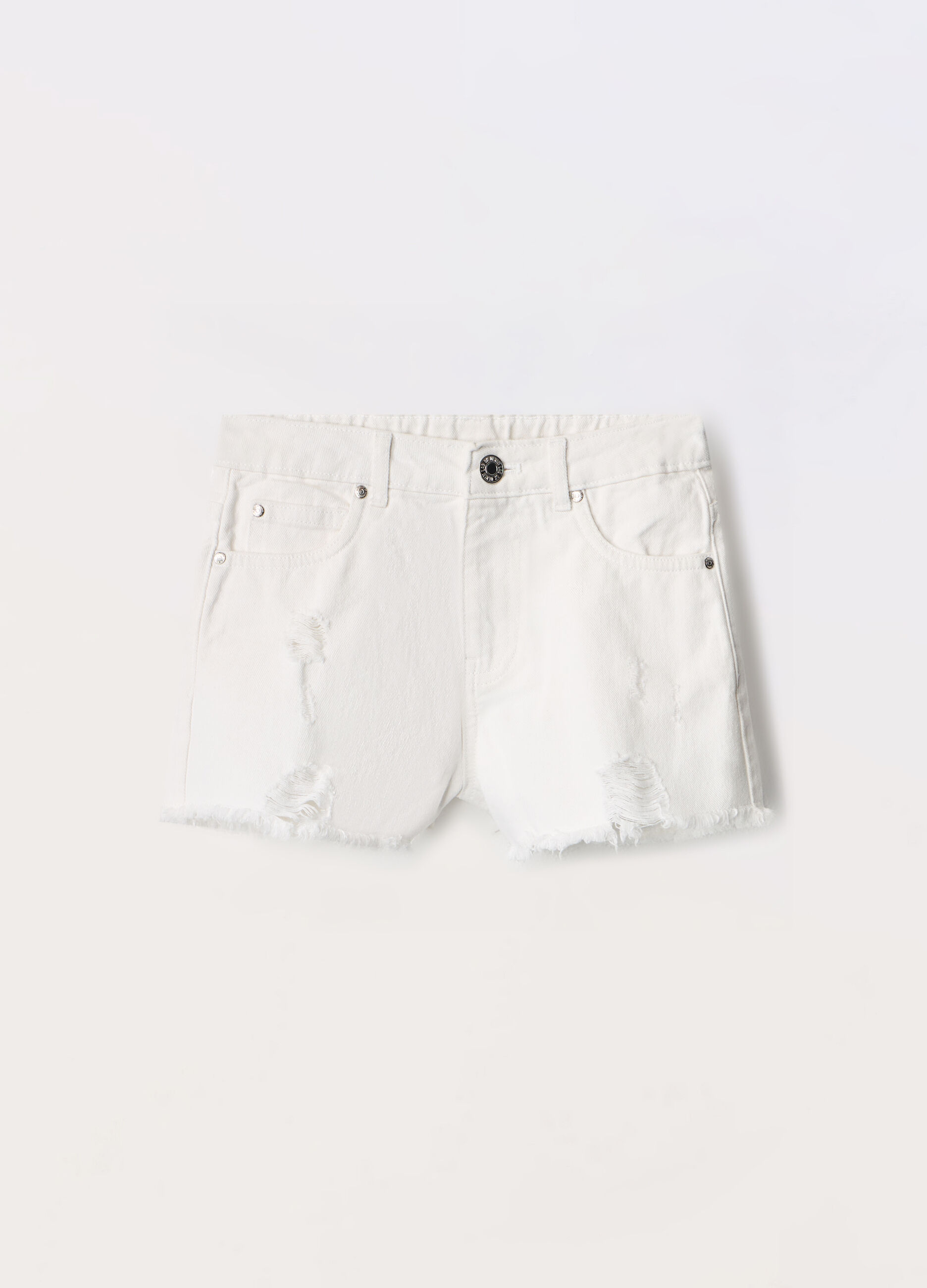 Shorts ripped in denim di puro cotone ragazza_0