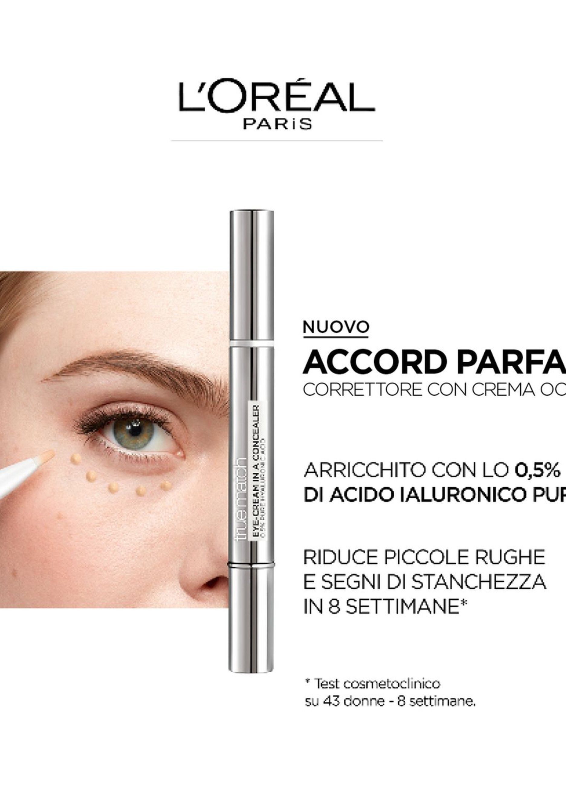 L'Oréal Paris Accord Parfait Correttore Con Crema Occhi, Formula con 0,5% di Acido Ialuronico, Pelle idratata e occhiaie minimizzate, Illumina, Corregge e Riduce le Imperfezioni in 8 Settimane, 1-2R.