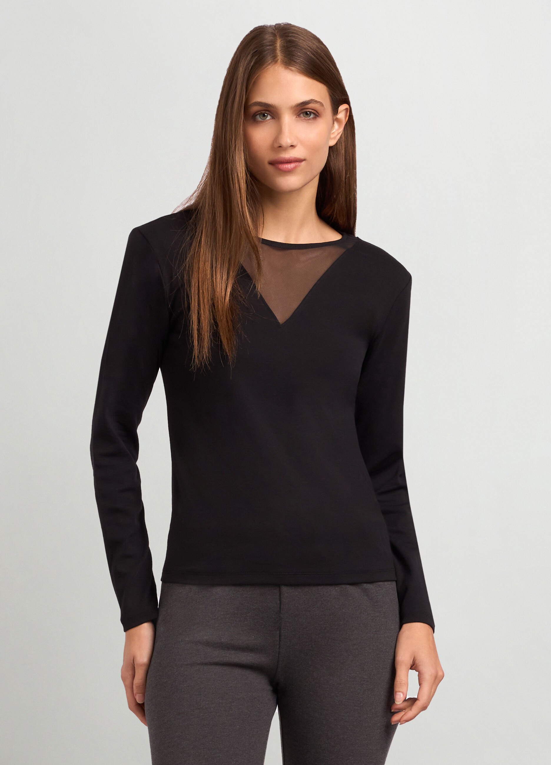 T-shirt a maniche lunghe con inserto in mesh donna_0