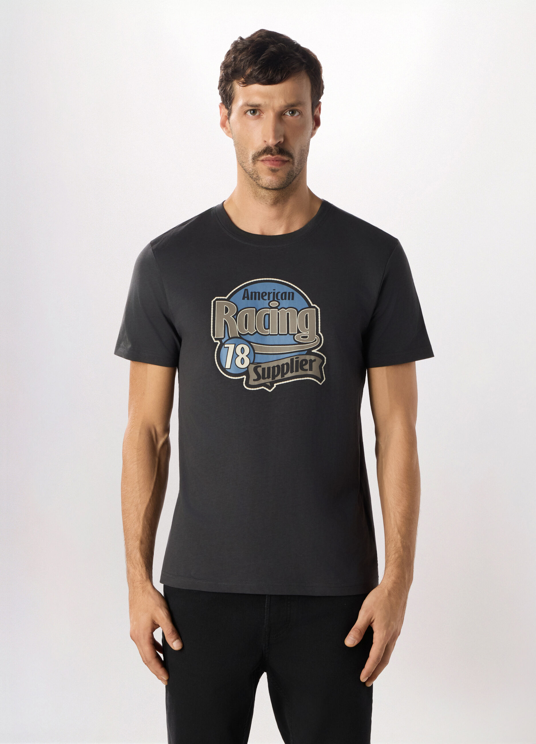 T-shirt a maniche corte con stampa in puro cotone uomo_0