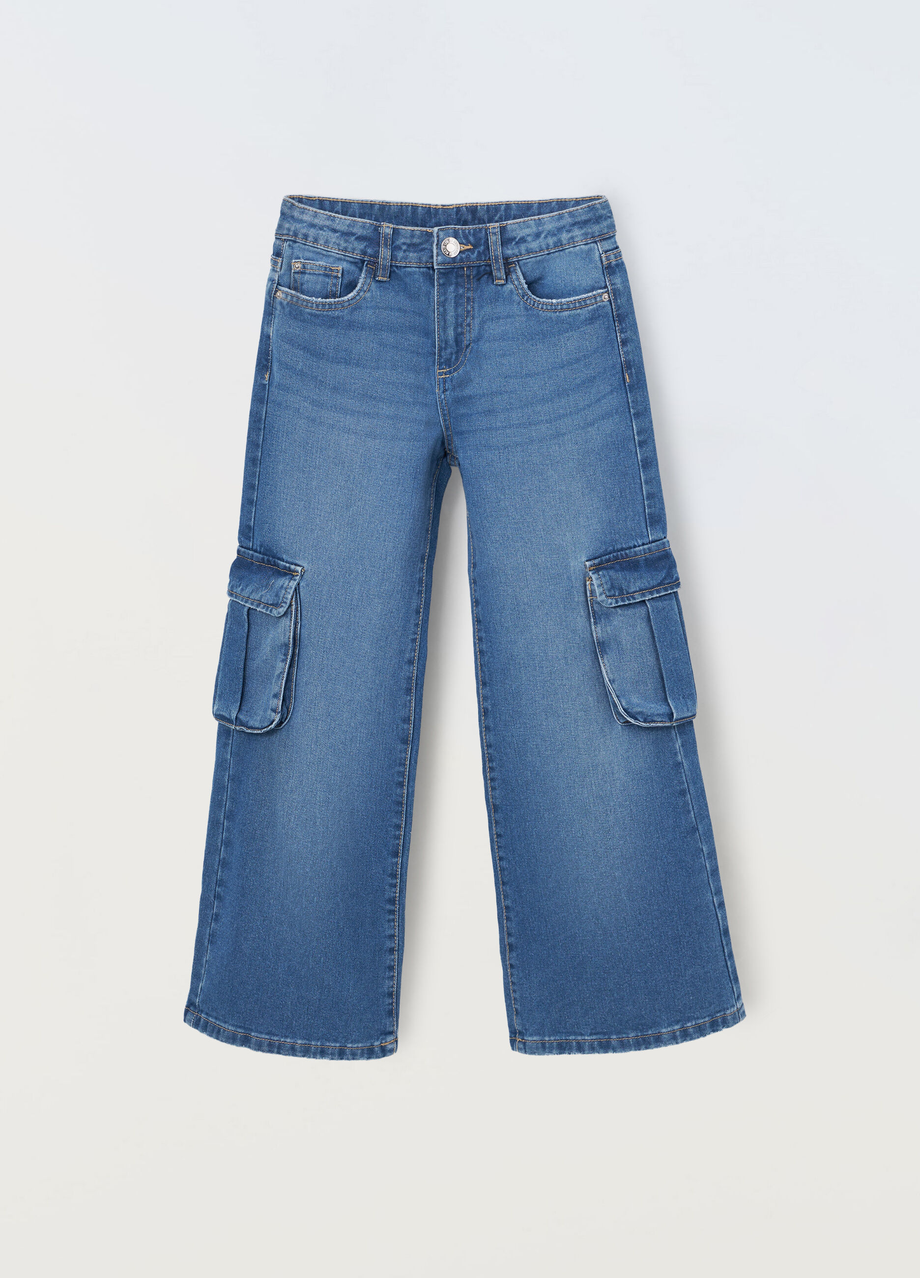 Jeans cargo in denim di puro cotone ragazza