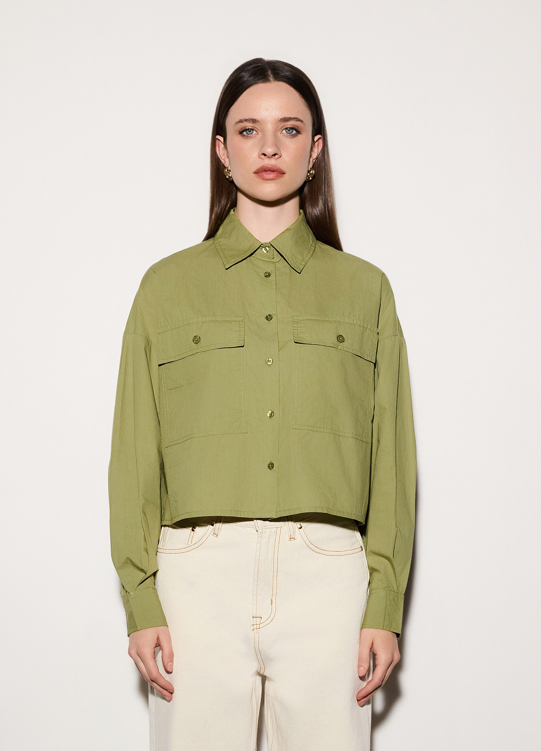 Camicia over fit colletto alla francese in popeline di puro cotone donna_1