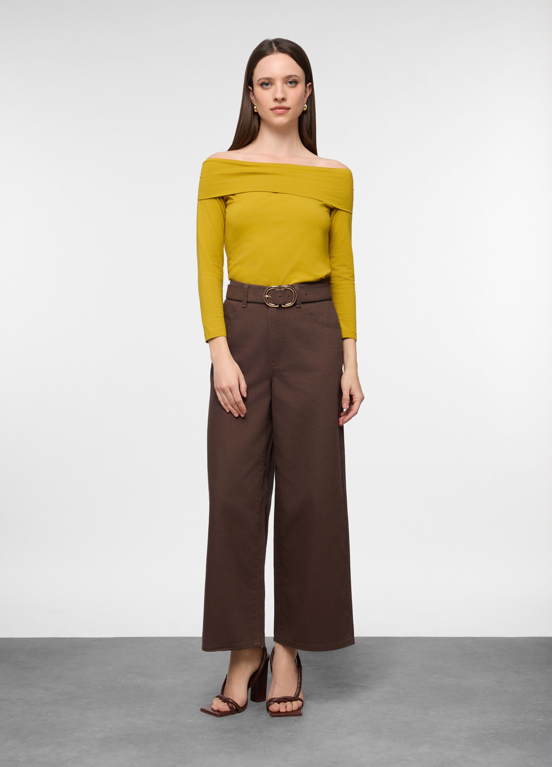 Pantaloni wide leg in denim di puro cotone donna_0