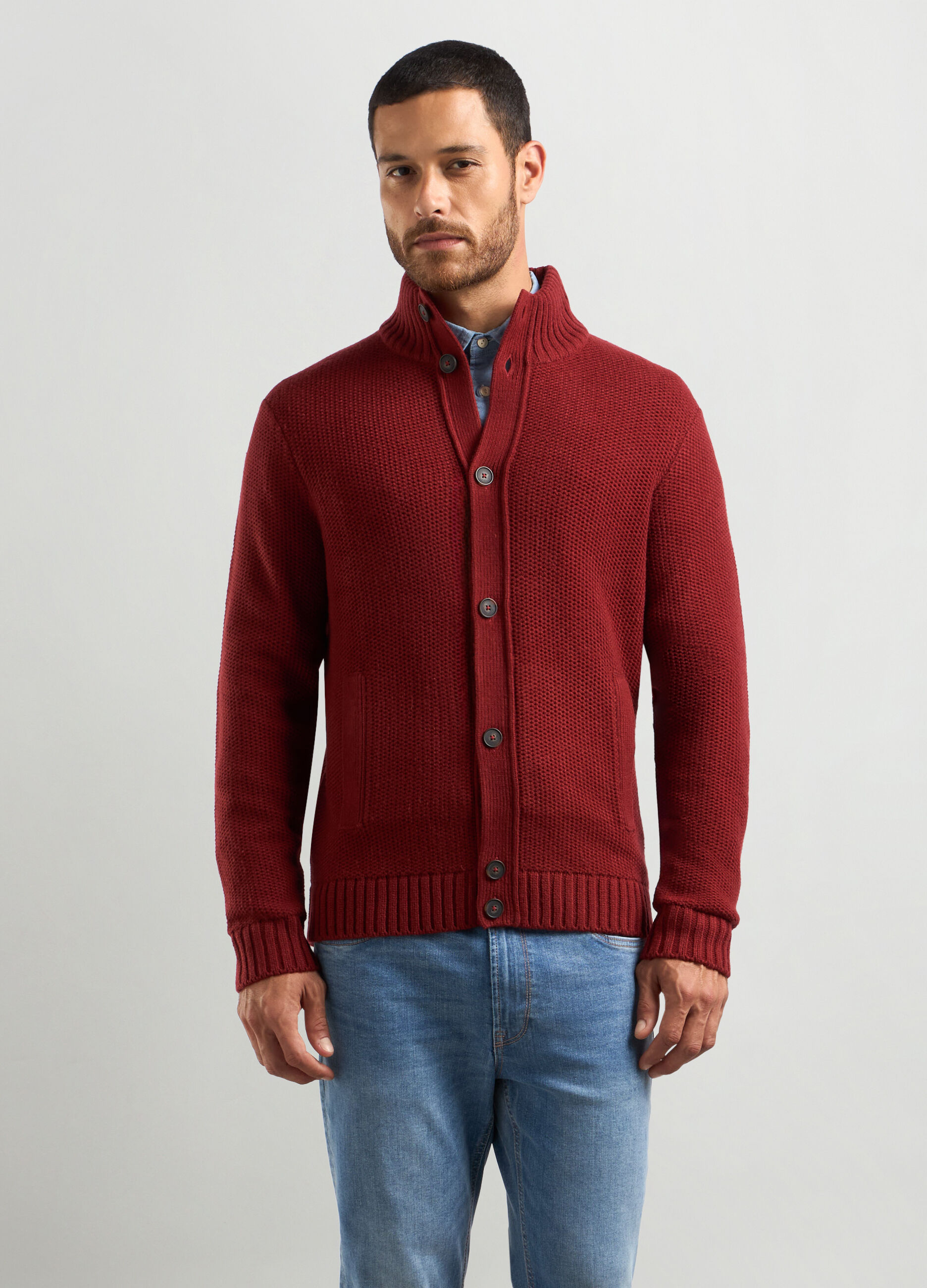 Cardigan collo alto in maglia rasata a rovescio uomo_0