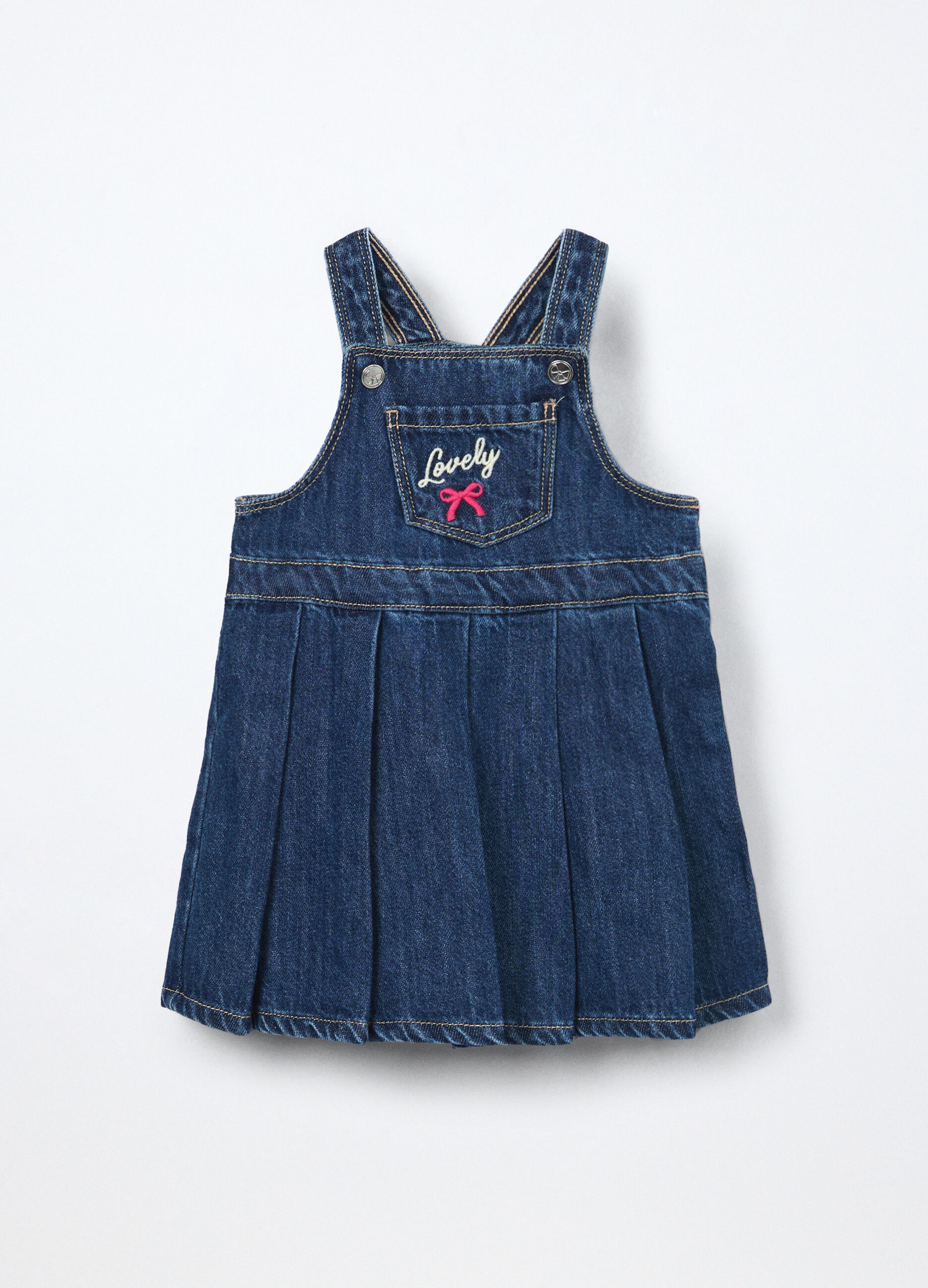 Vestito-salopette in denim misto cotone neonata