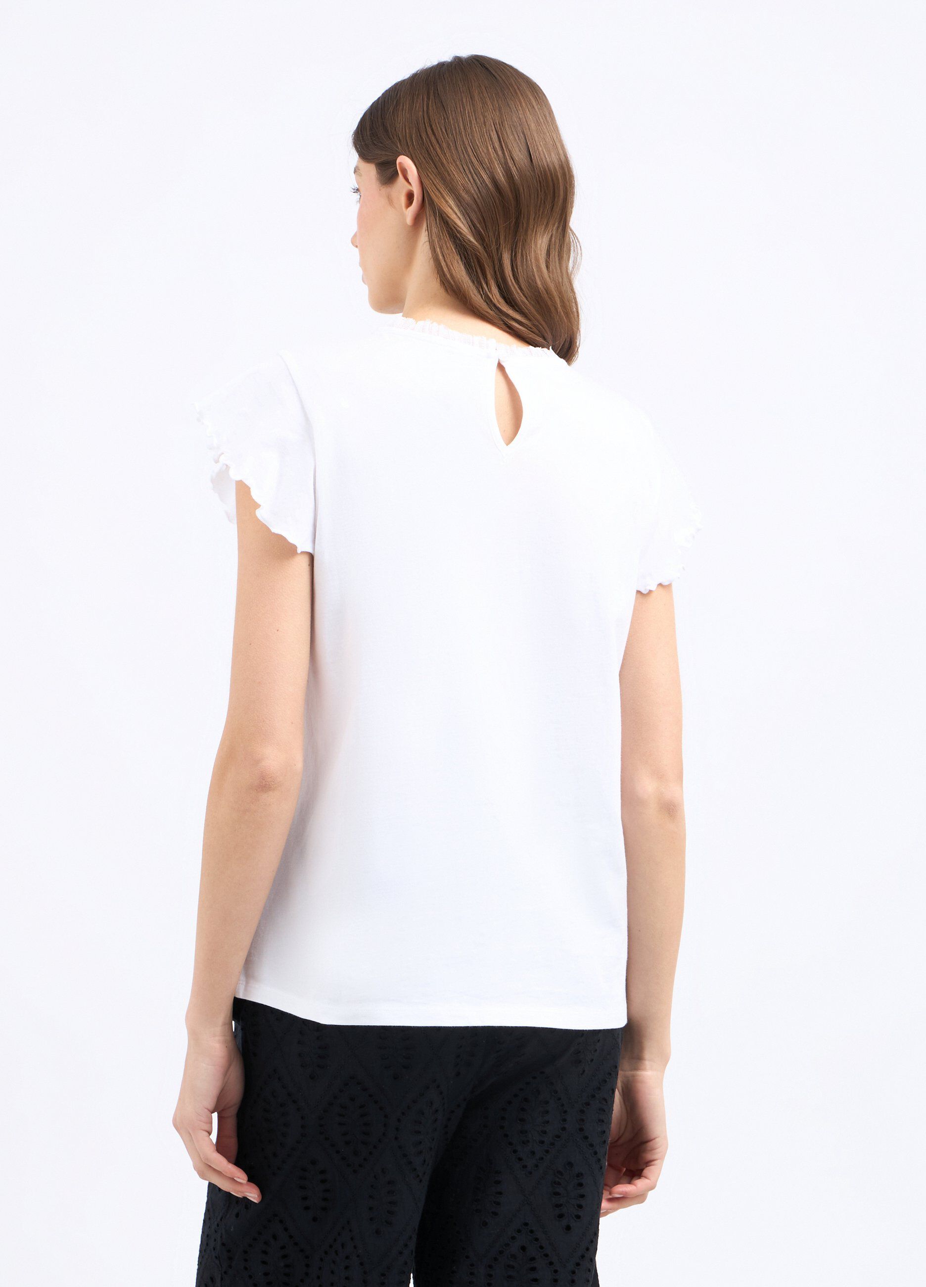 T-shirt con inserto ricamato in puro cotone donna_1