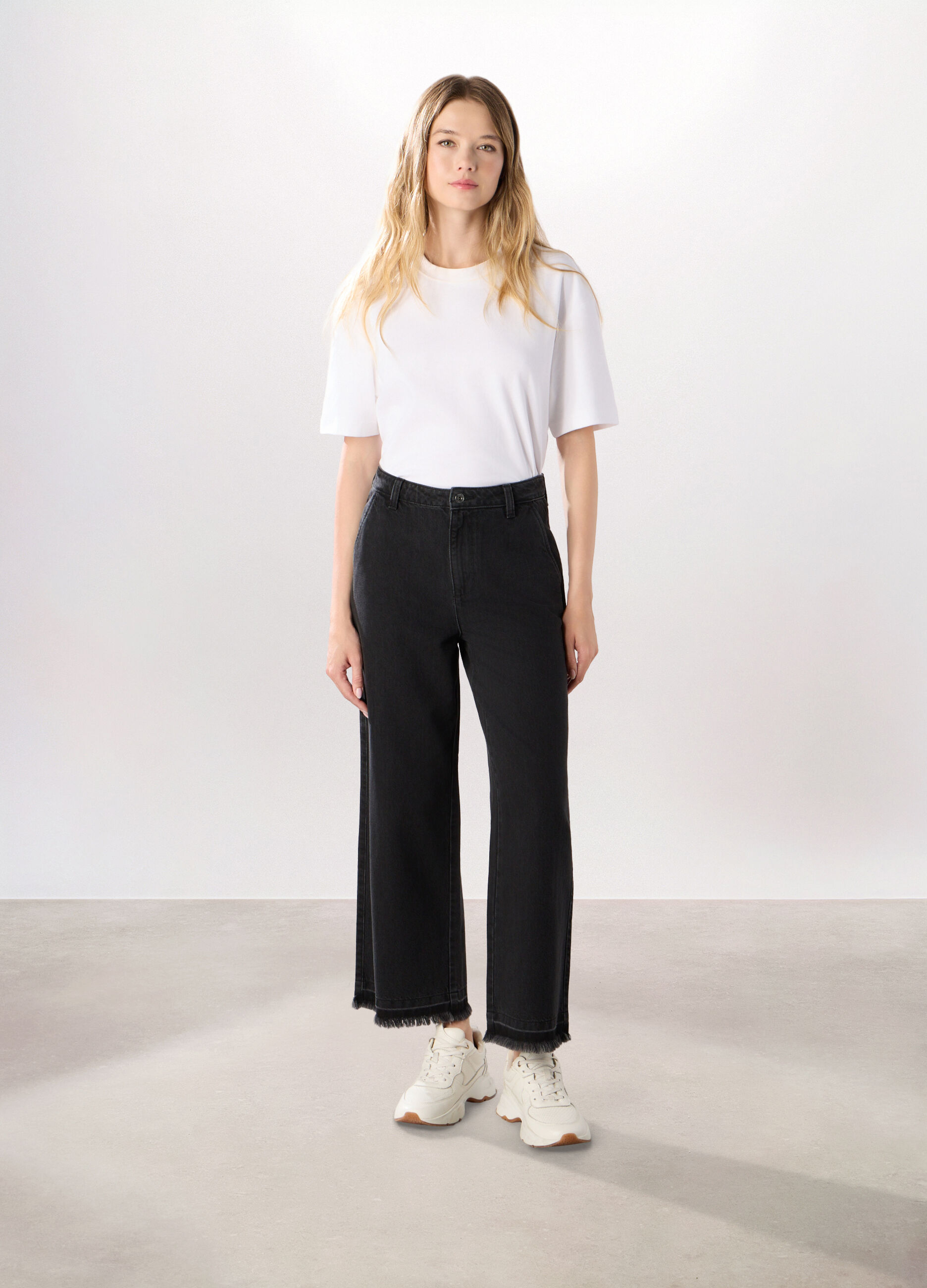 Pantaloni wide leg in denim di puro cotone donna_0