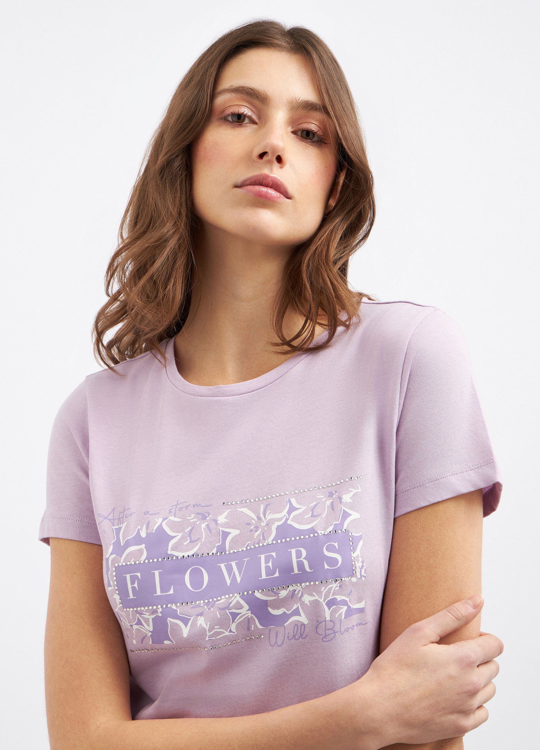 T-shirt in puro cotone con stampa e strass donna_2