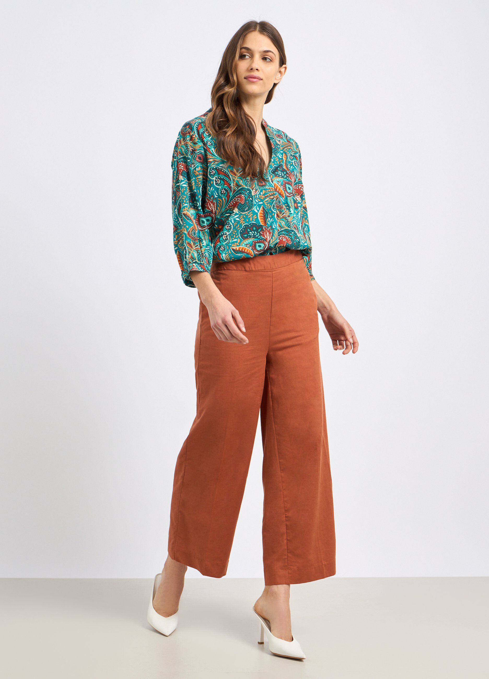 Pantaloni palazzo in misto lino donna_0