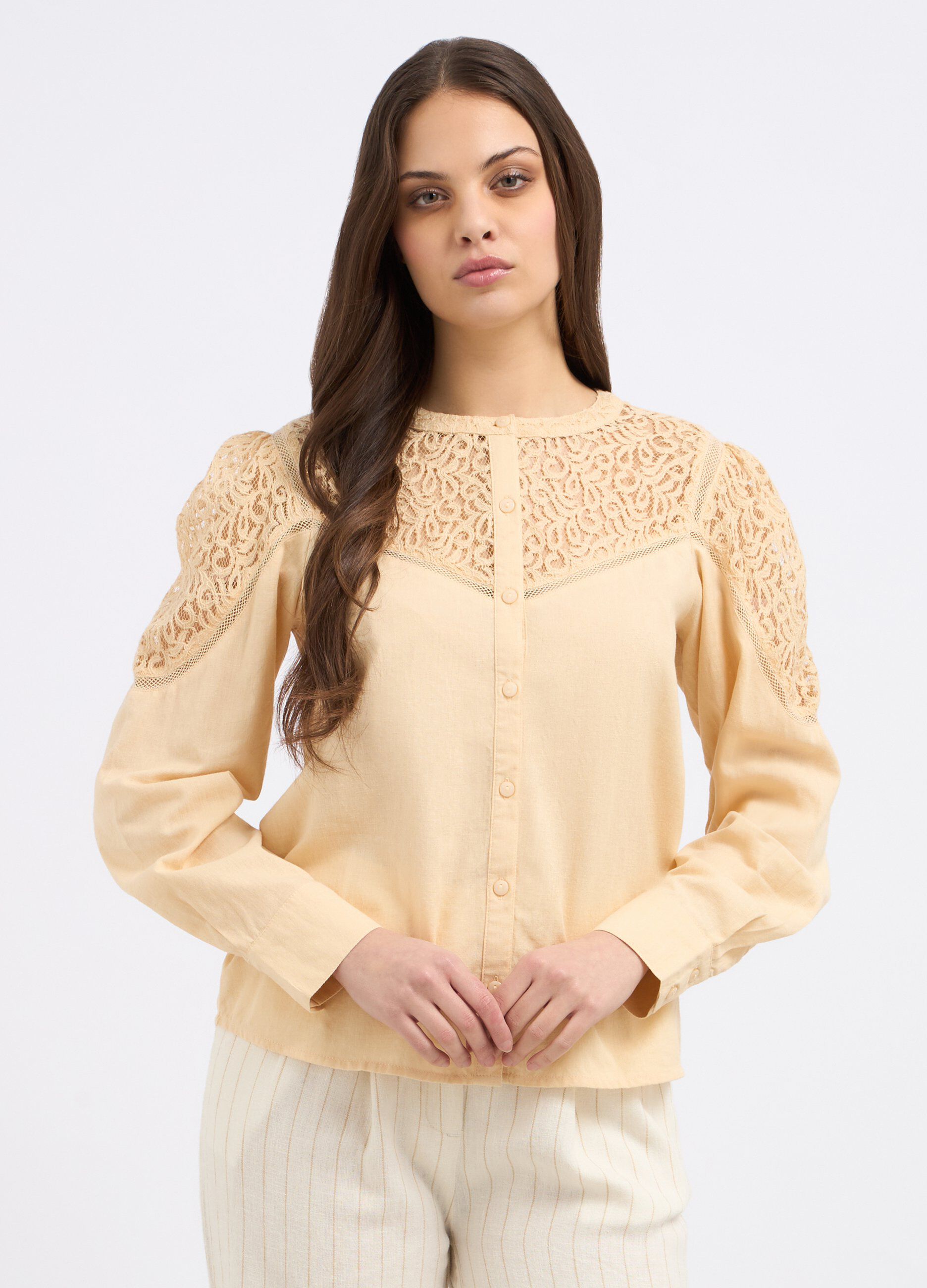 Camicia misto lino con ricami donna_0