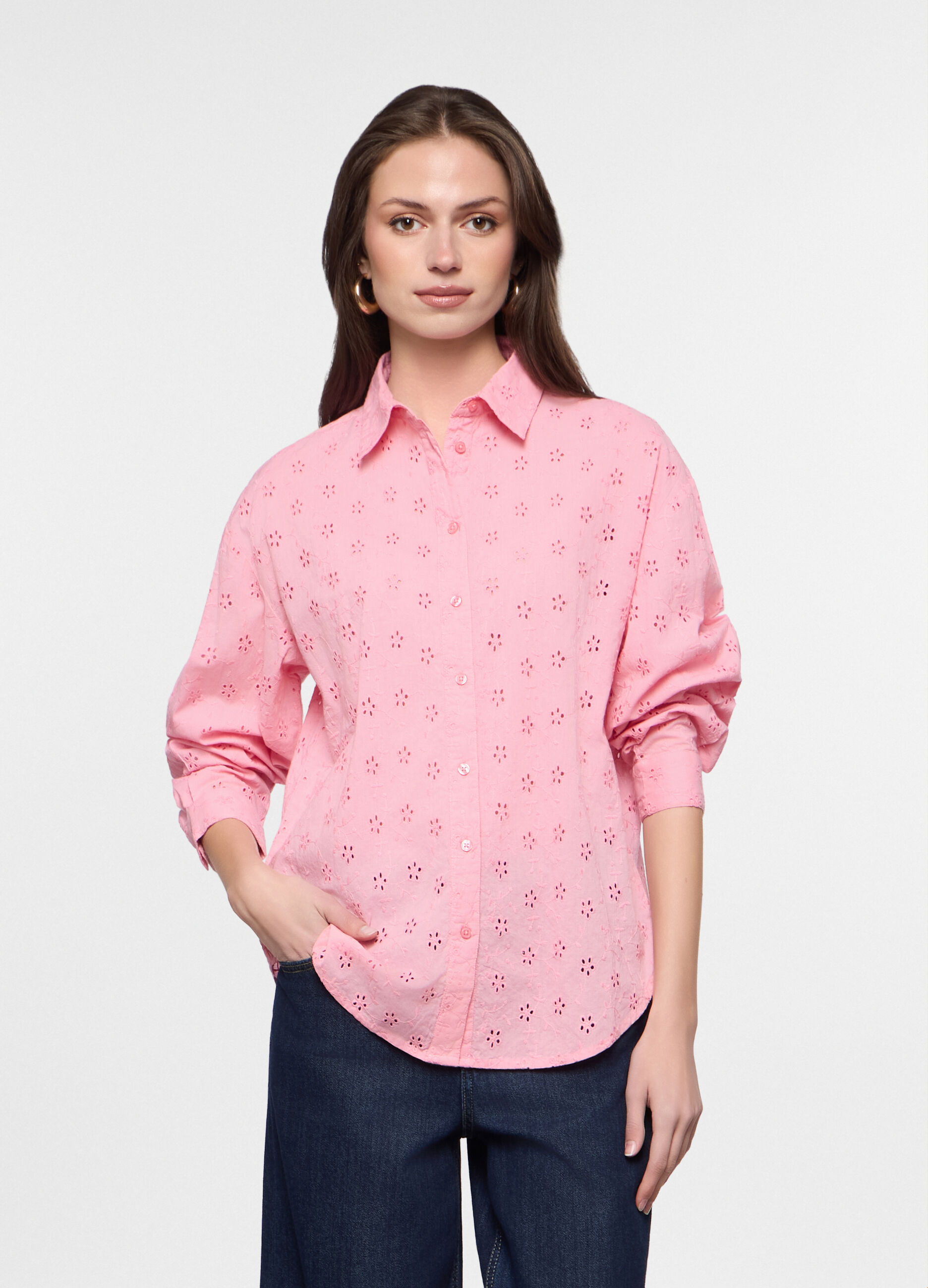Camicia fit regular con collo alla francese in puro cotone donna_0