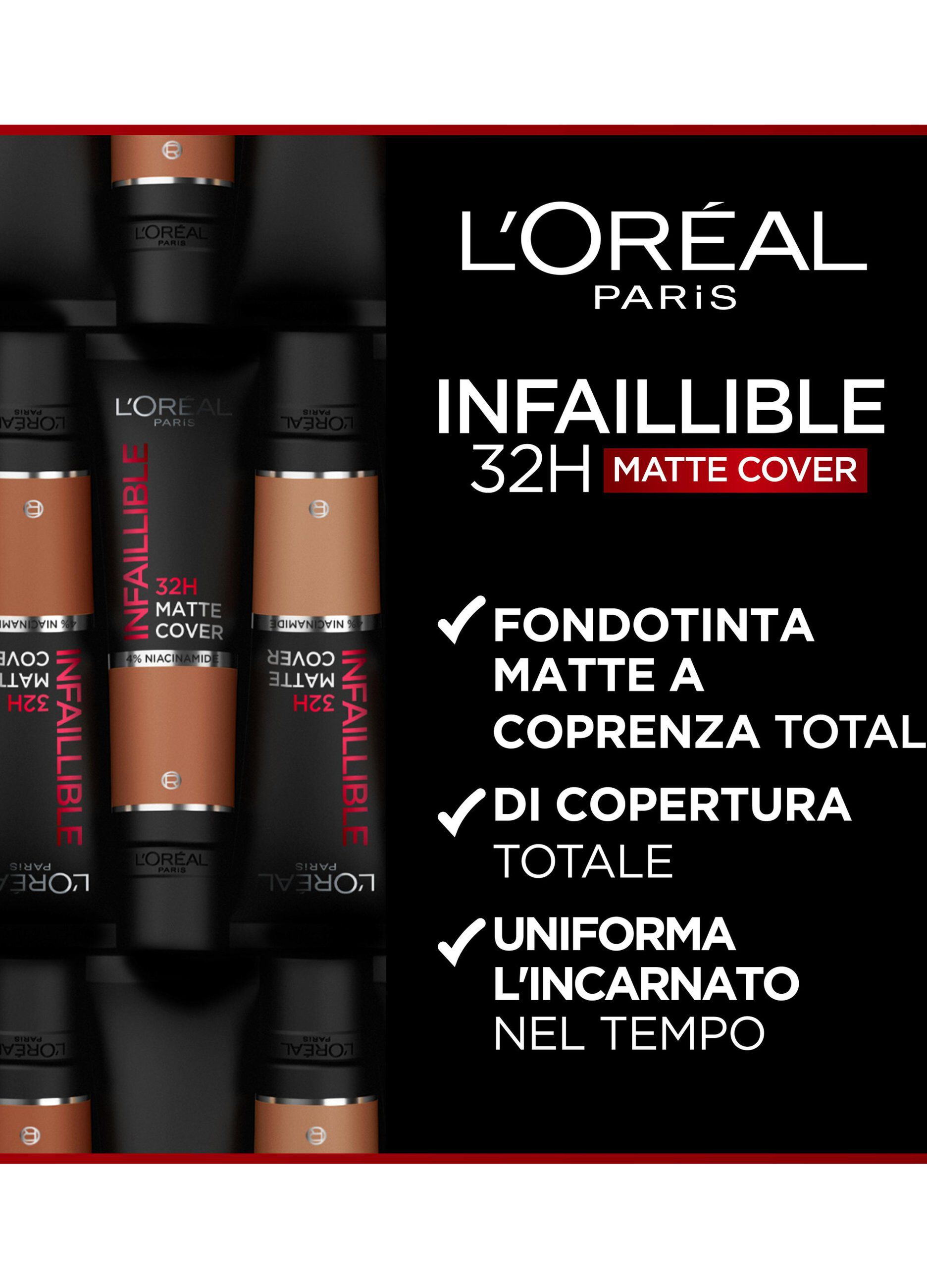 L'Oréal Paris Fondotinta Infaillible 32H Matte Cover, Make-Up dal Finish Matte Copertura Totale sulla Pelle, 175 Sable, 30 ml.