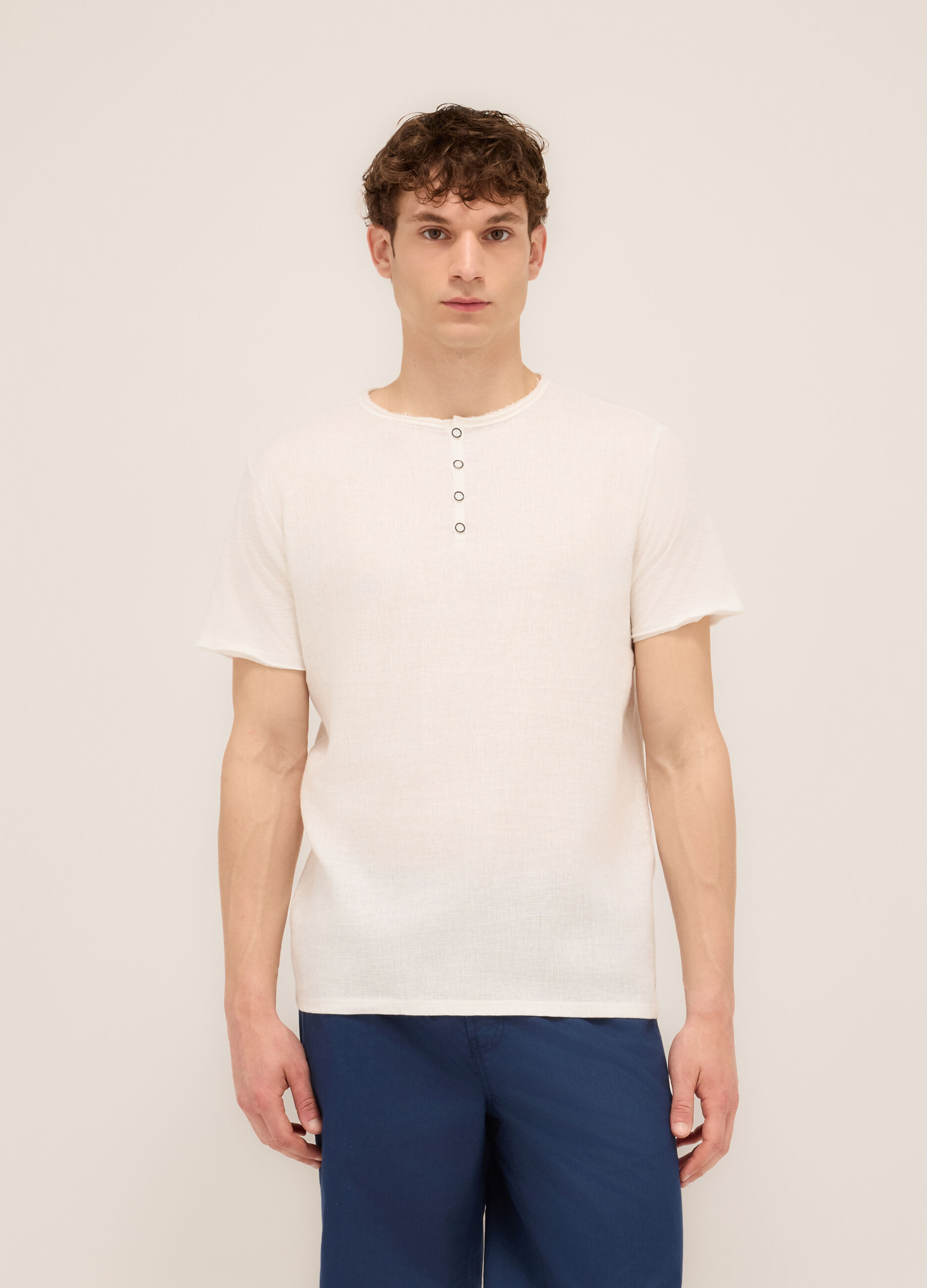 T-shirt serafino in cotone e lino uomo