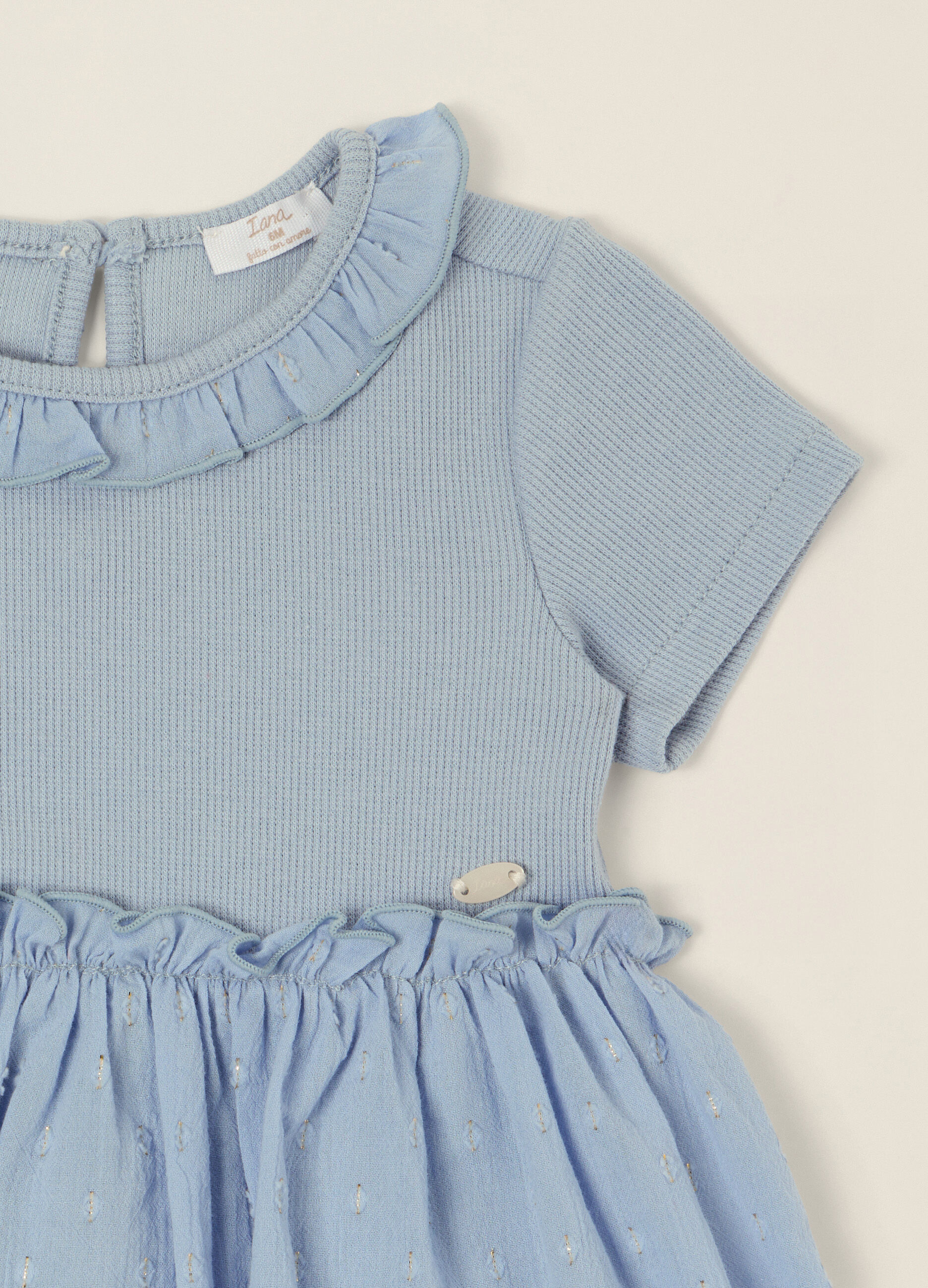 Pagliaccetto azzurro con collo decorativo in cotone elasticizzato da neonata_2