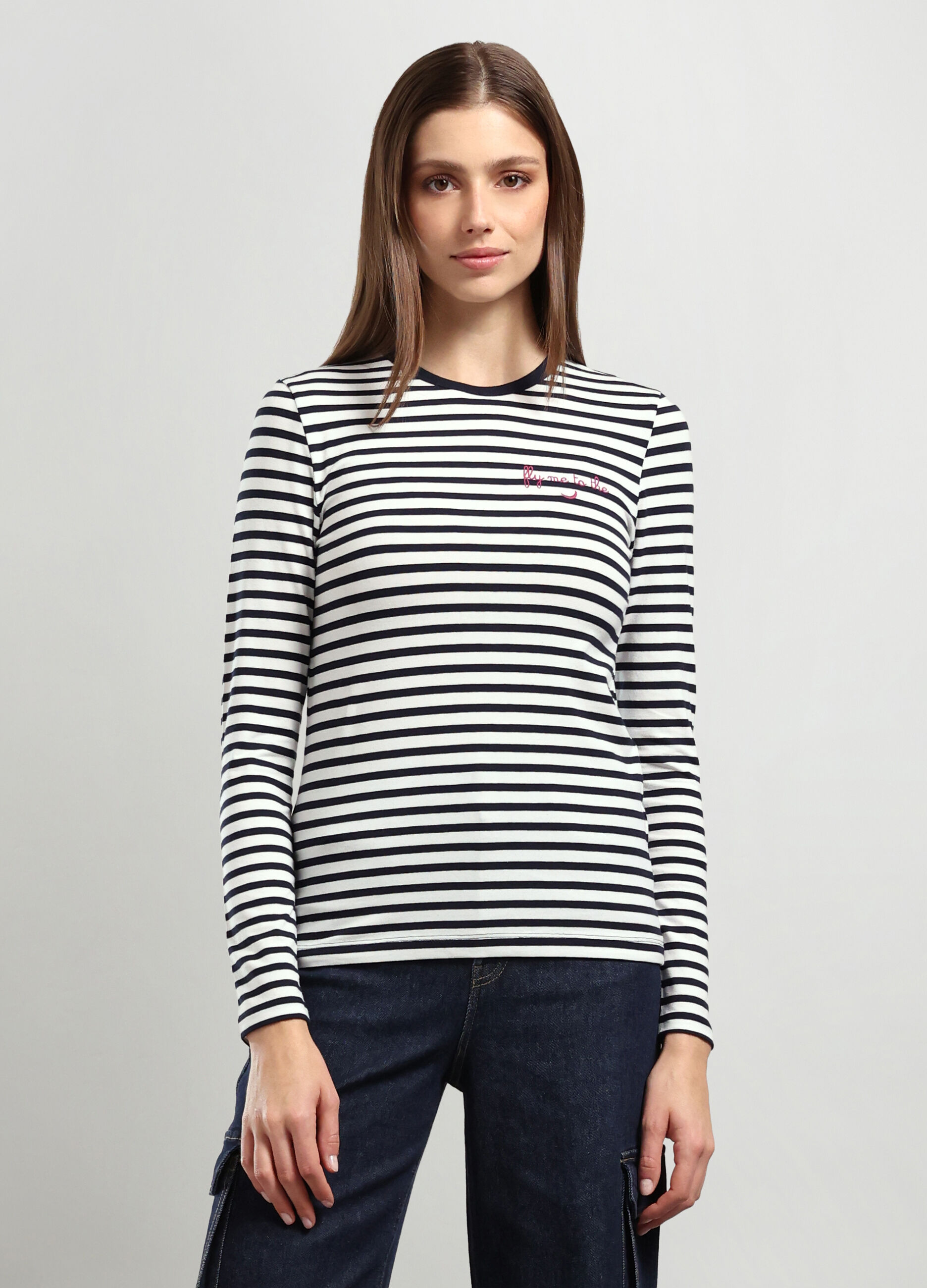T-shirt a righe in cotone stretch donna_0