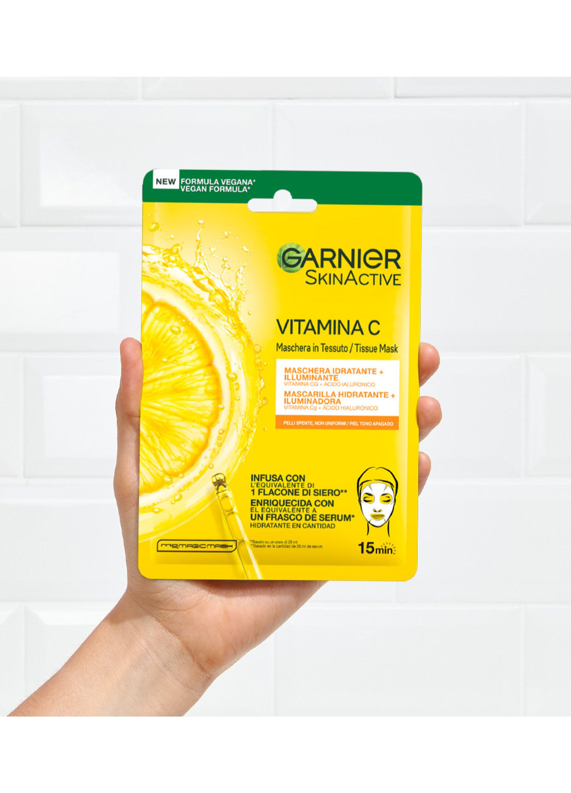 Garnier SkinActive, Maschera in Tessuto Hydra Bomb Vitamina C + Acido Ialuronico, Idratante e Illuminante, Per Pelli Spente, Non Uniformi, 28g.