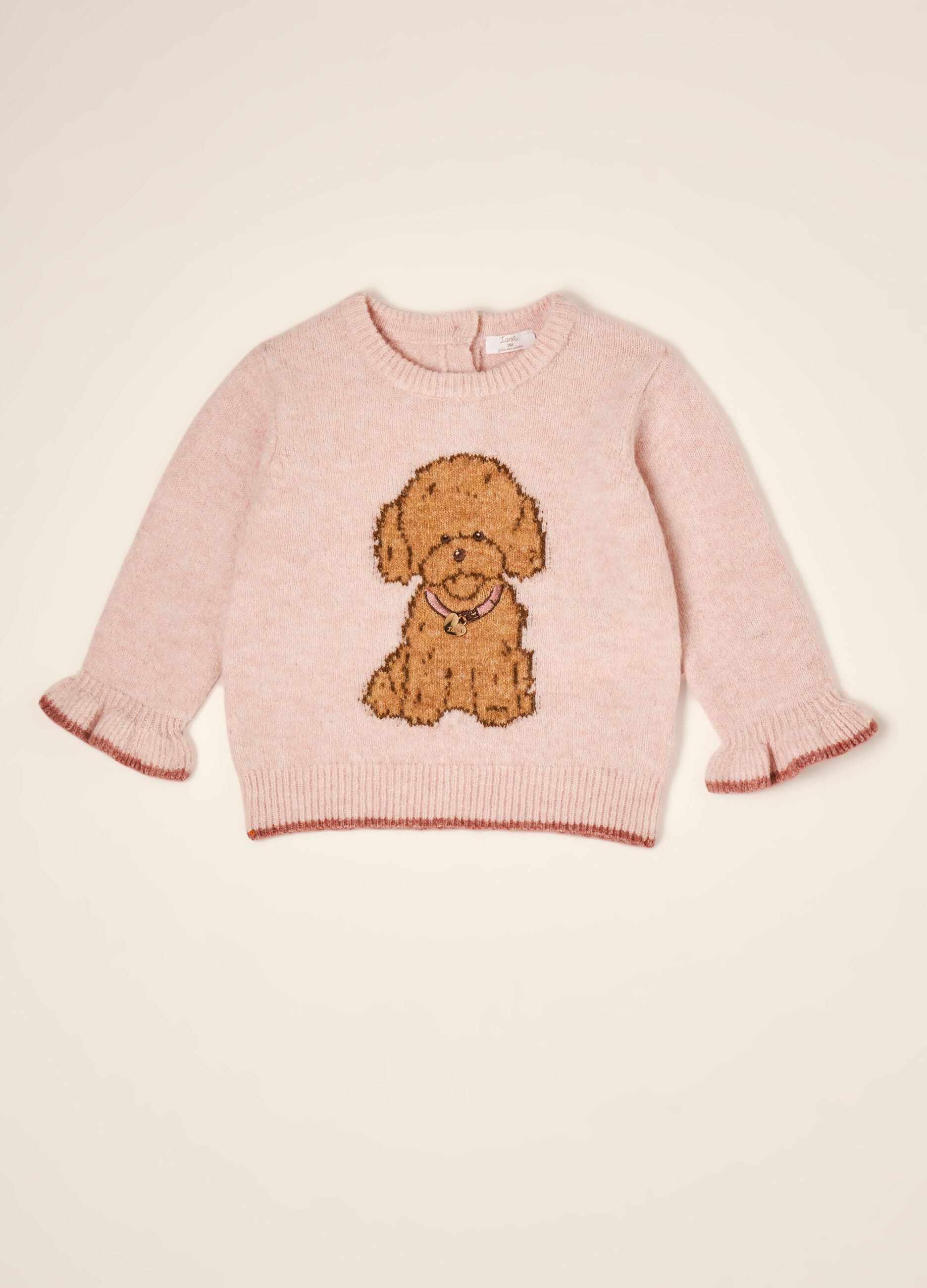 Maglia rosa in lana elasticizzata con stampa cagnolino_0