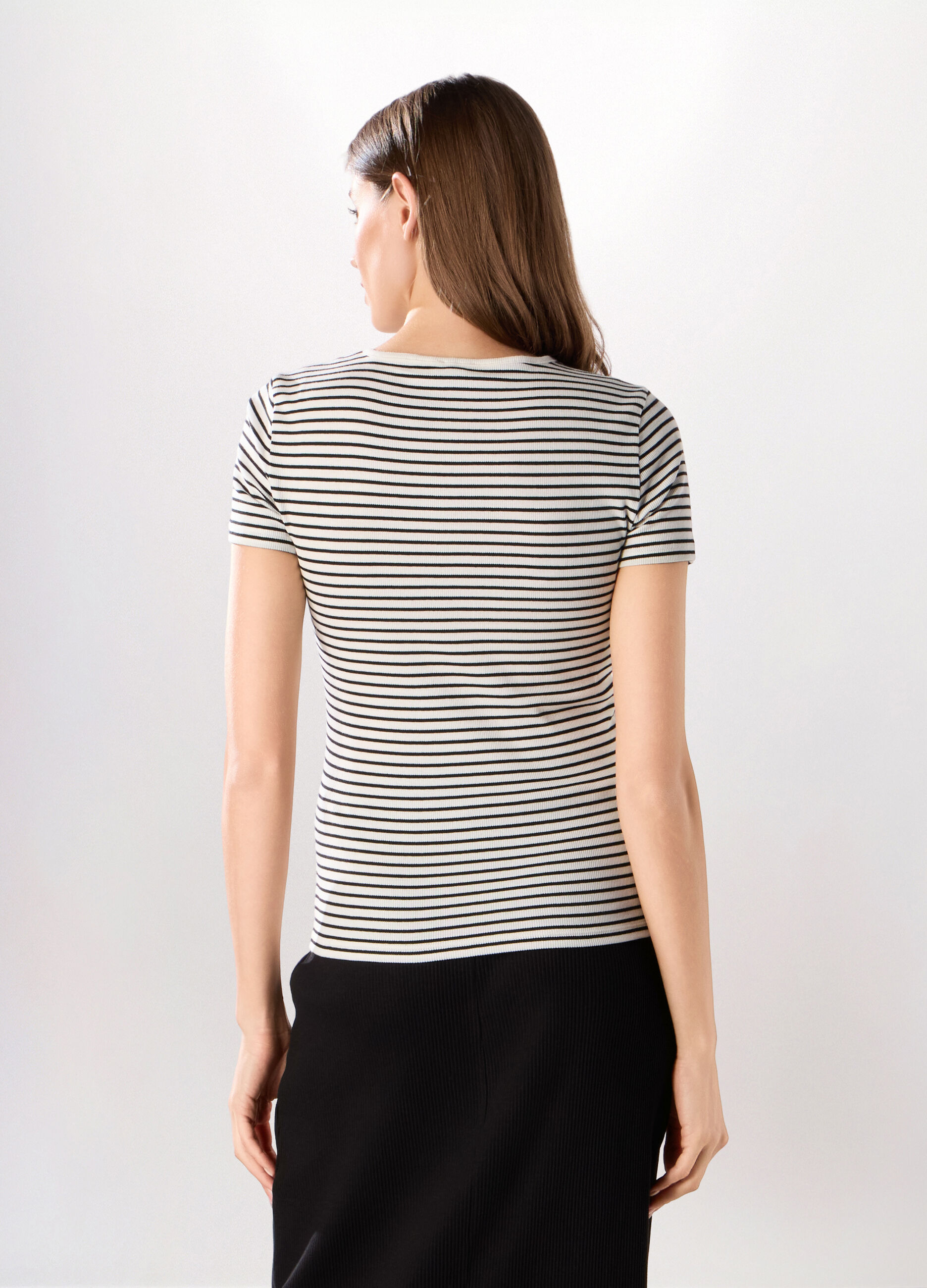 T-shirt a righe in costina di cotone stretch donna_1