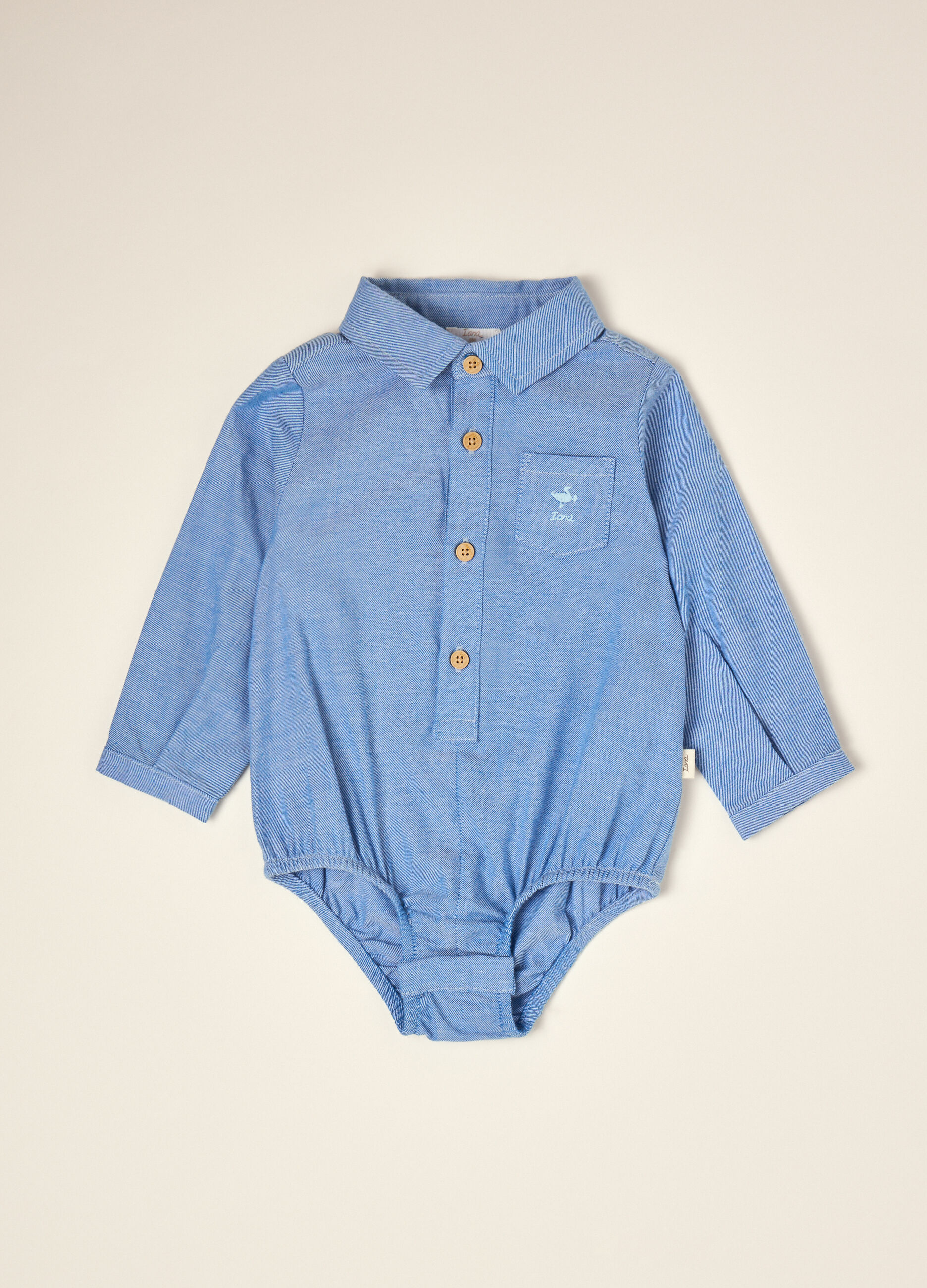 Body camicia azzurro in puro cotone con colletto classico_0