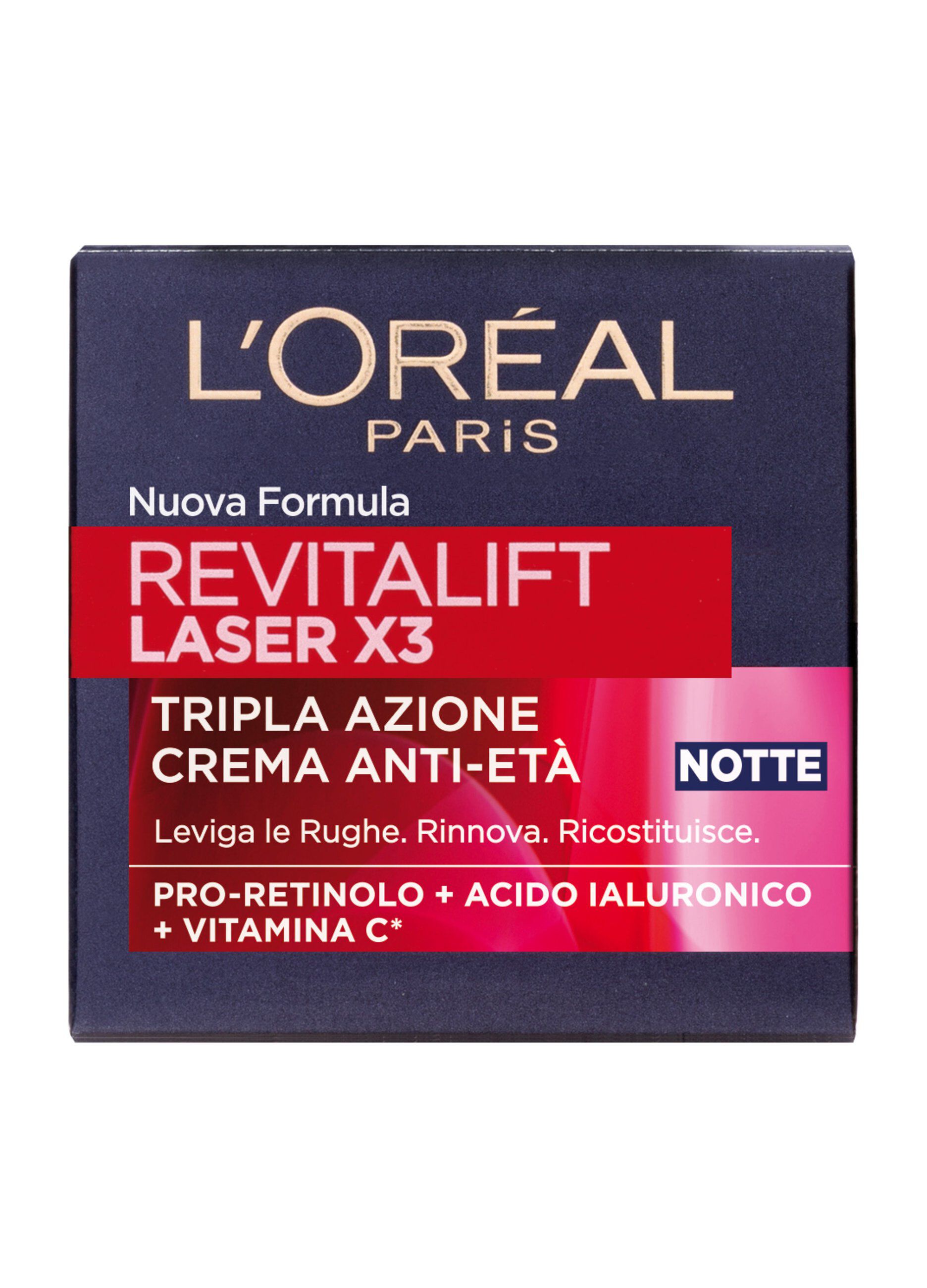L'Oréal Paris Crema Viso Notte Revitalift Laser X3, Azione Antirughe Anti-Età con Acido Ialuronico e Pro-Xylane, 50 ml.