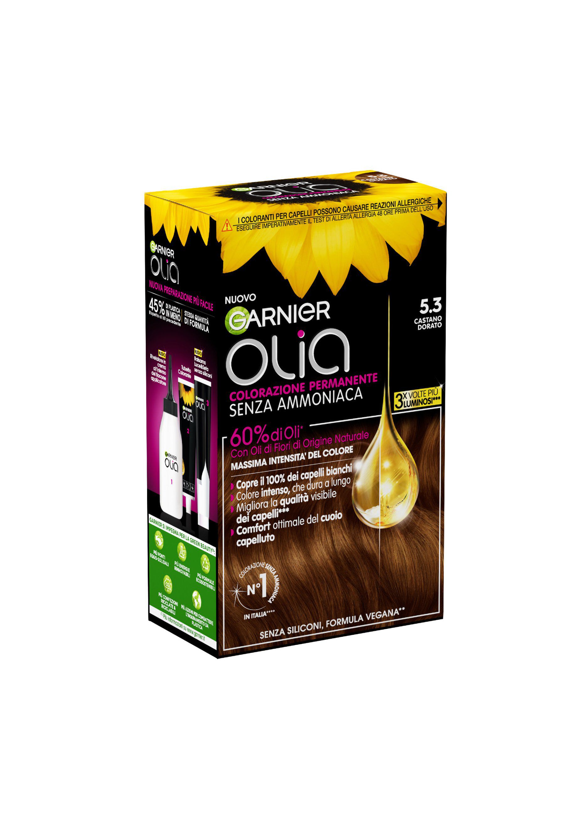 Garnier Tinta Capelli Olia, Colorazione permanente senza ammoniaca per una fragranza delicata, copre il 100% dei capelli bianchi, Con oli di fiori di origine naturale, Castano Dorato (5.3).