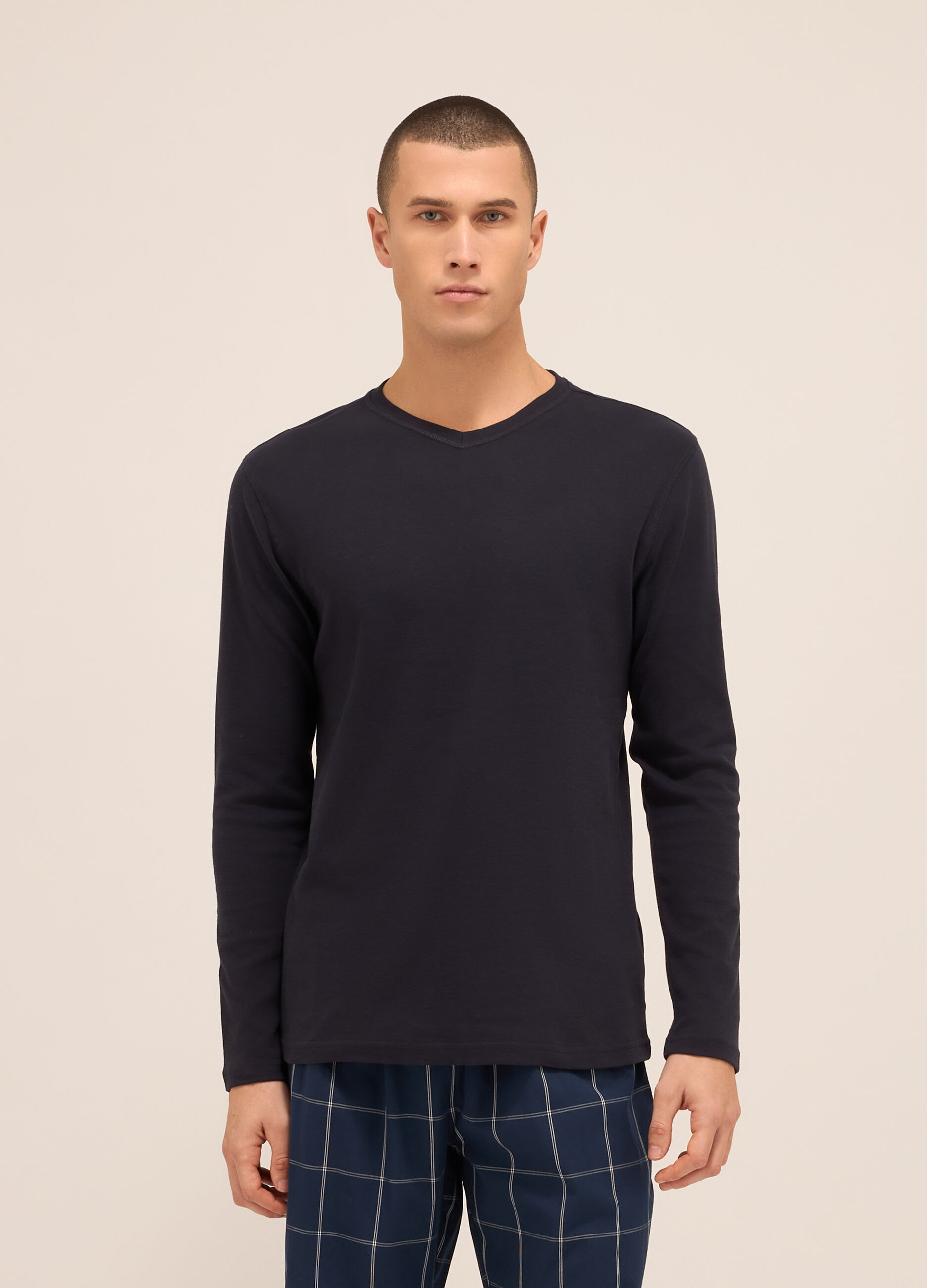 Maglia del pigiama girocollo in puro cotone uomo_0