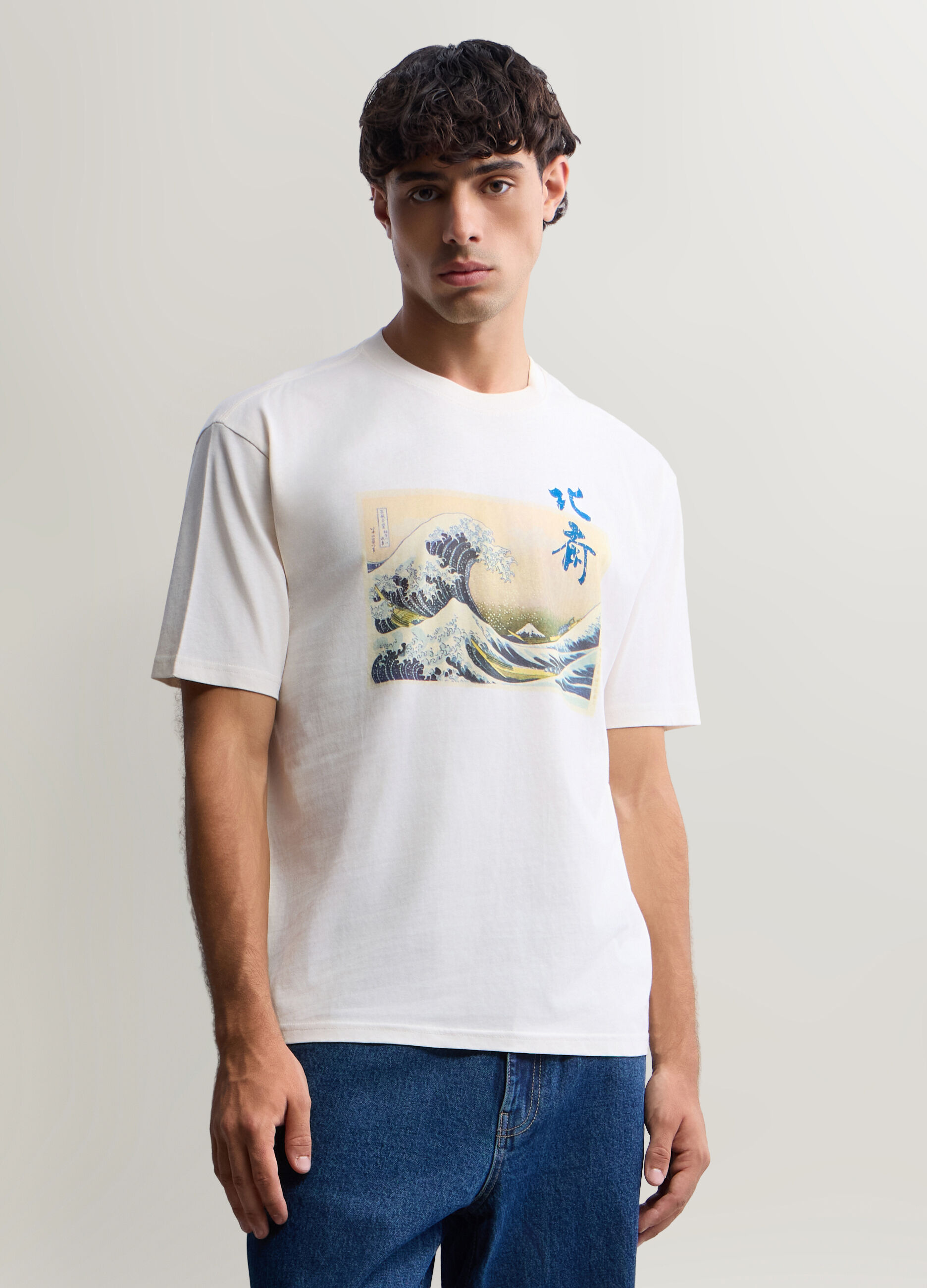 T-shirt girocollo in cotone con stampa Hokusai uomo