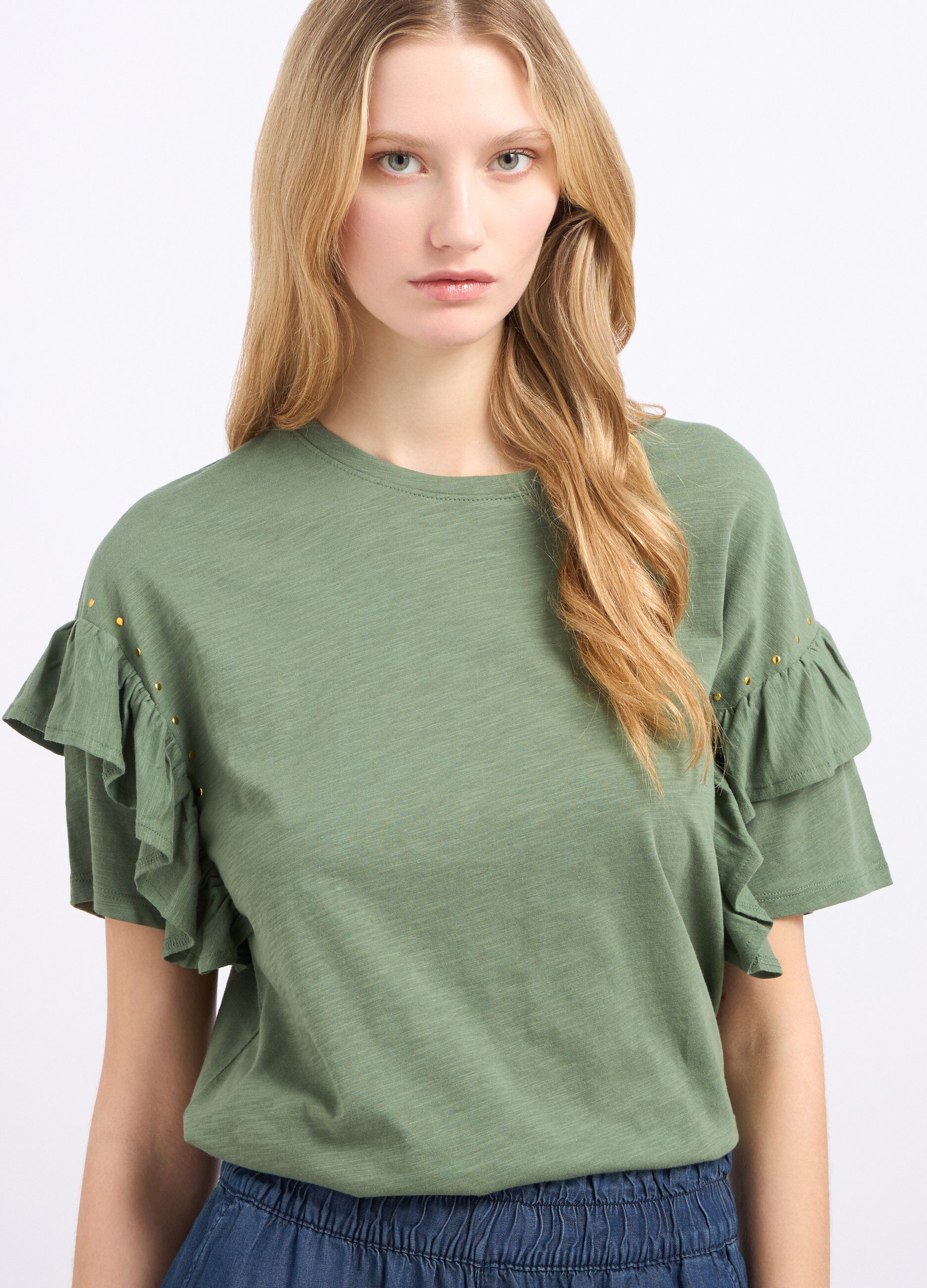 T-shirt in puro cotone con rouches e strass donna_2