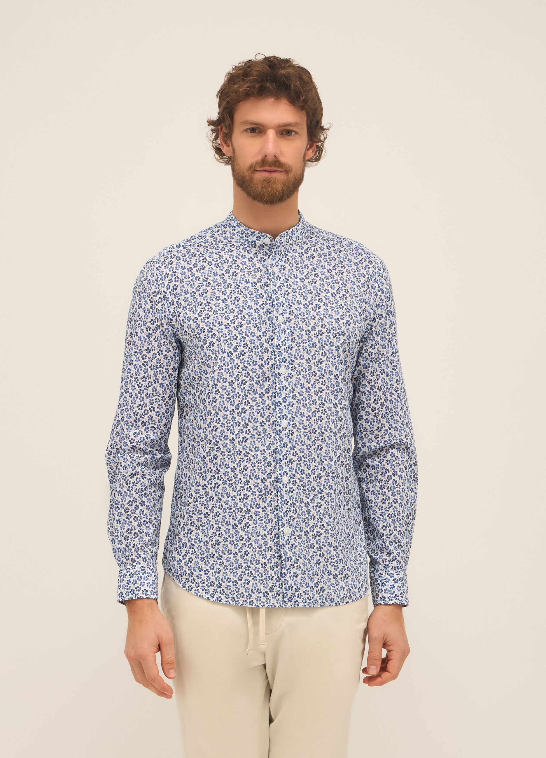 Camicia con collo alla coreana in cotone a fiore_0