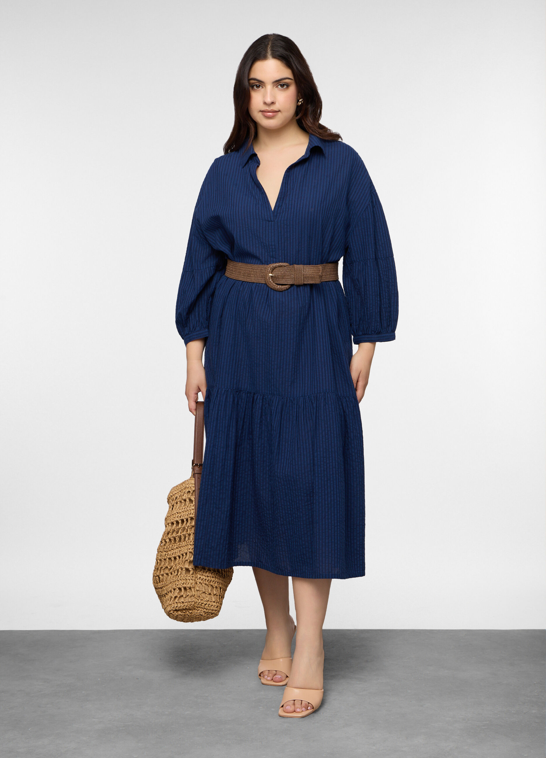 Abito lungo Fit Regular in puro cotone seersucker donna curvy_0