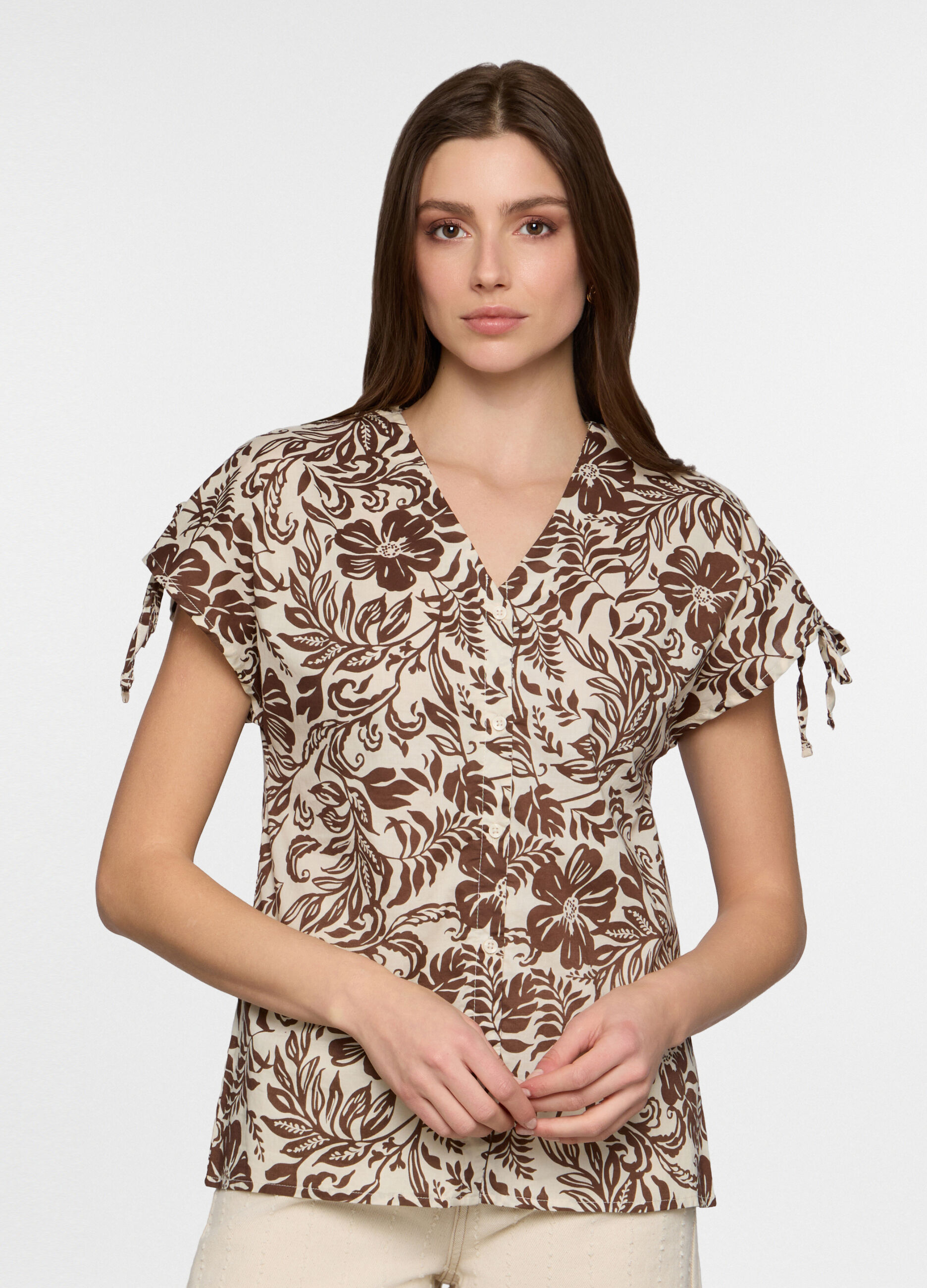 Camicia regular fit con scollo a V in popeline donna_0