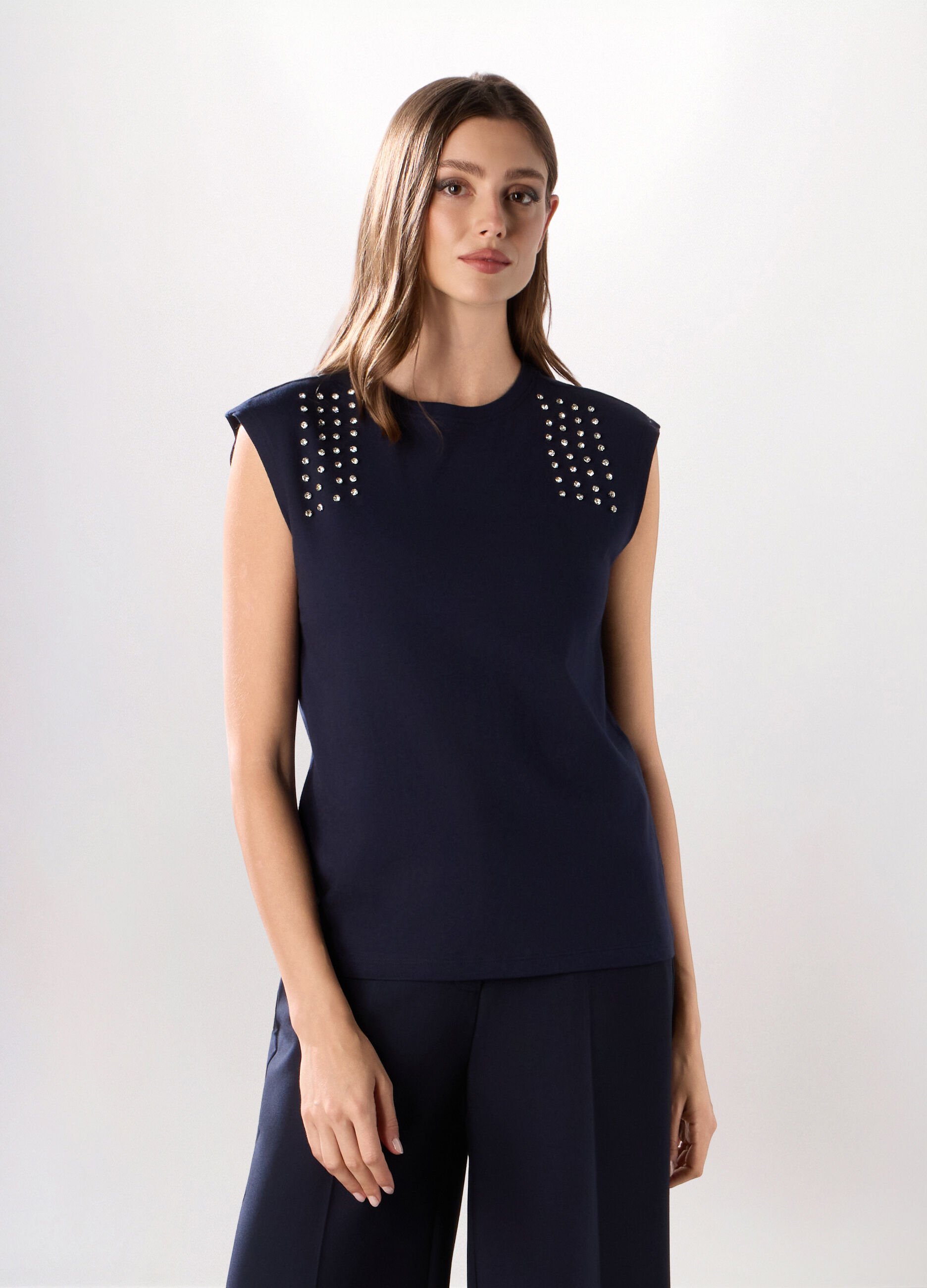 T-shirt smanicata in jersey di puro cotone donna_0