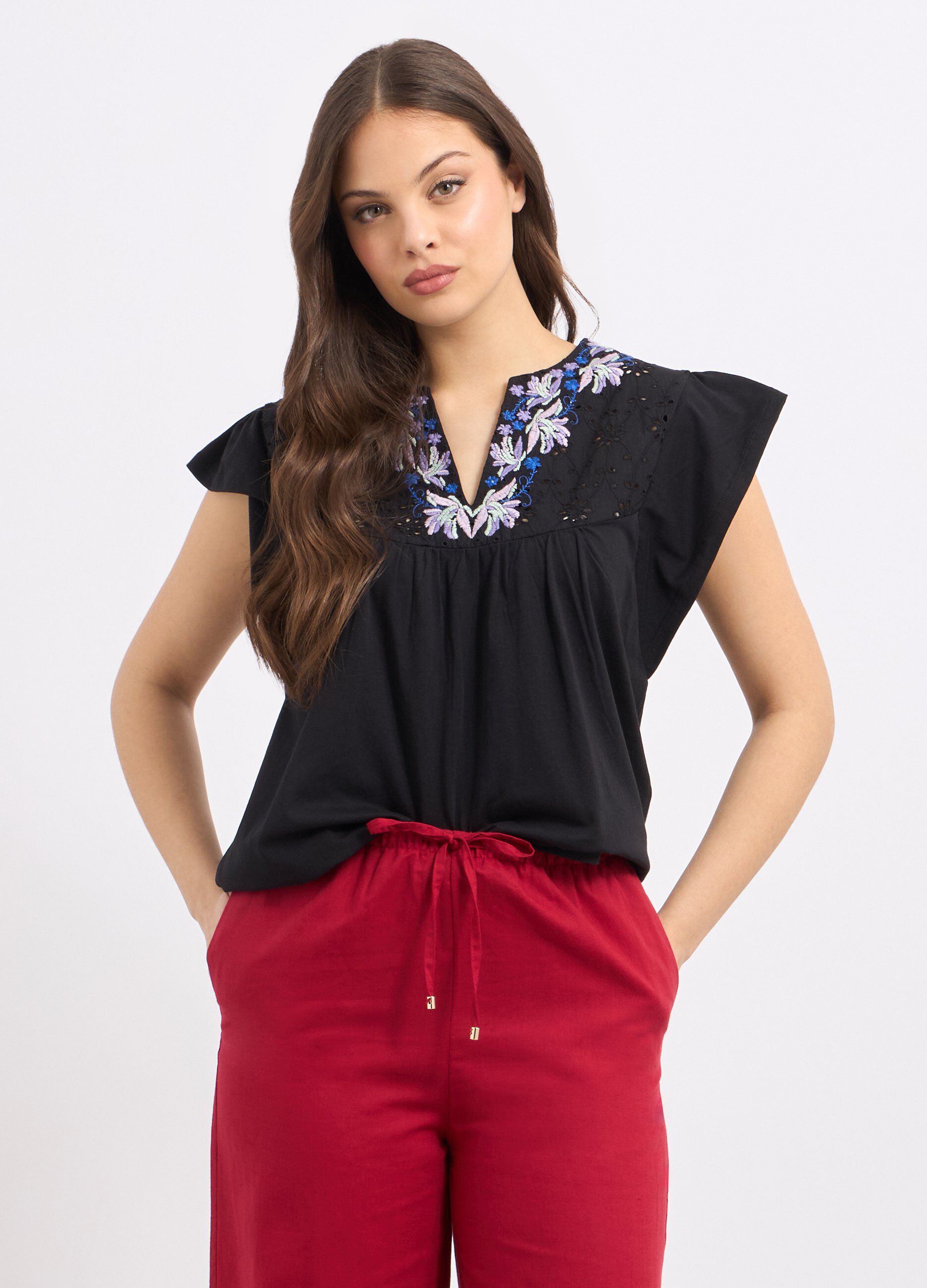 T-shirt in puro cotone con inserto in sangallo donna_0