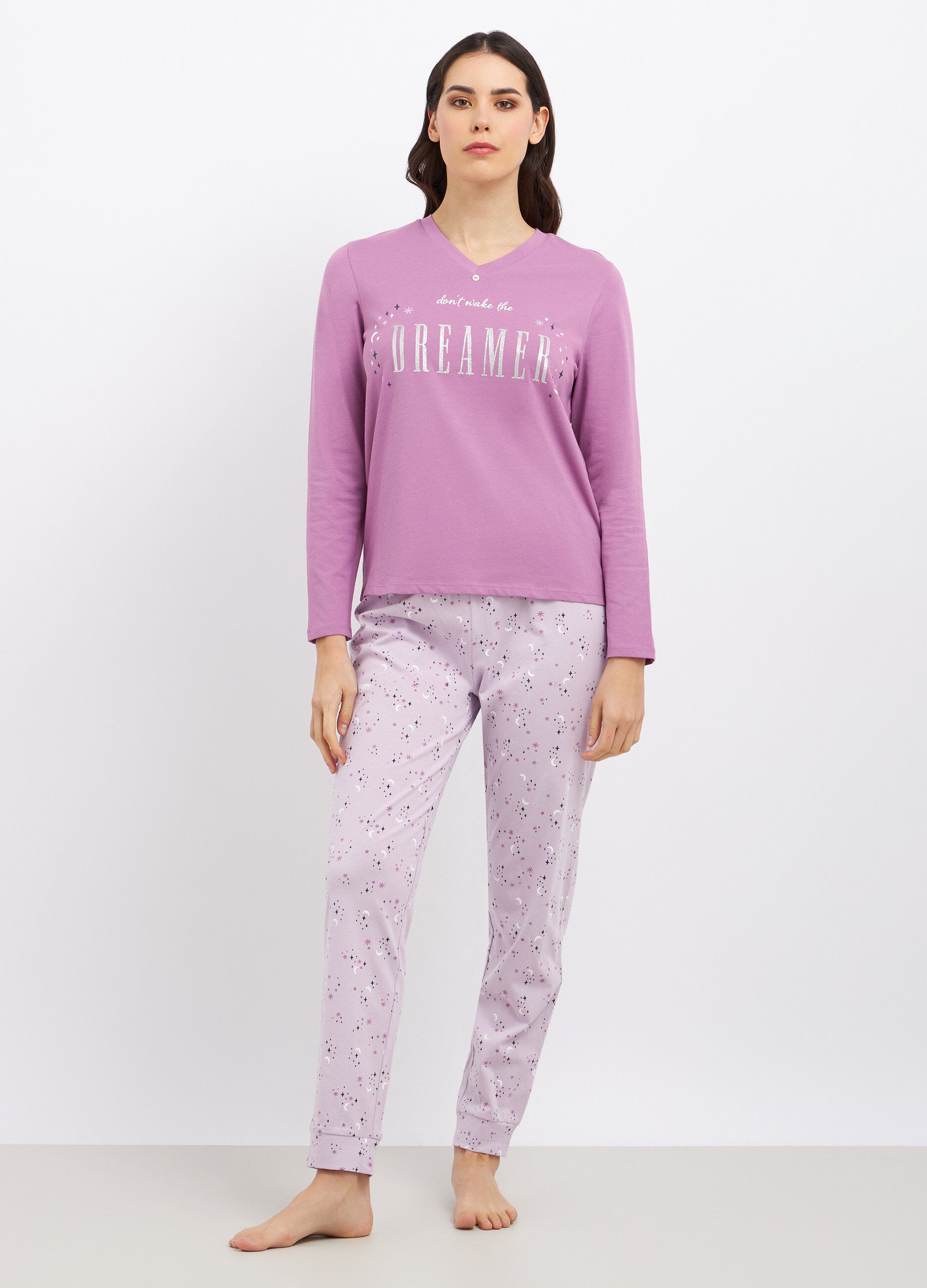 Set pigiama lungo in cotone con stampa glitter donna_0