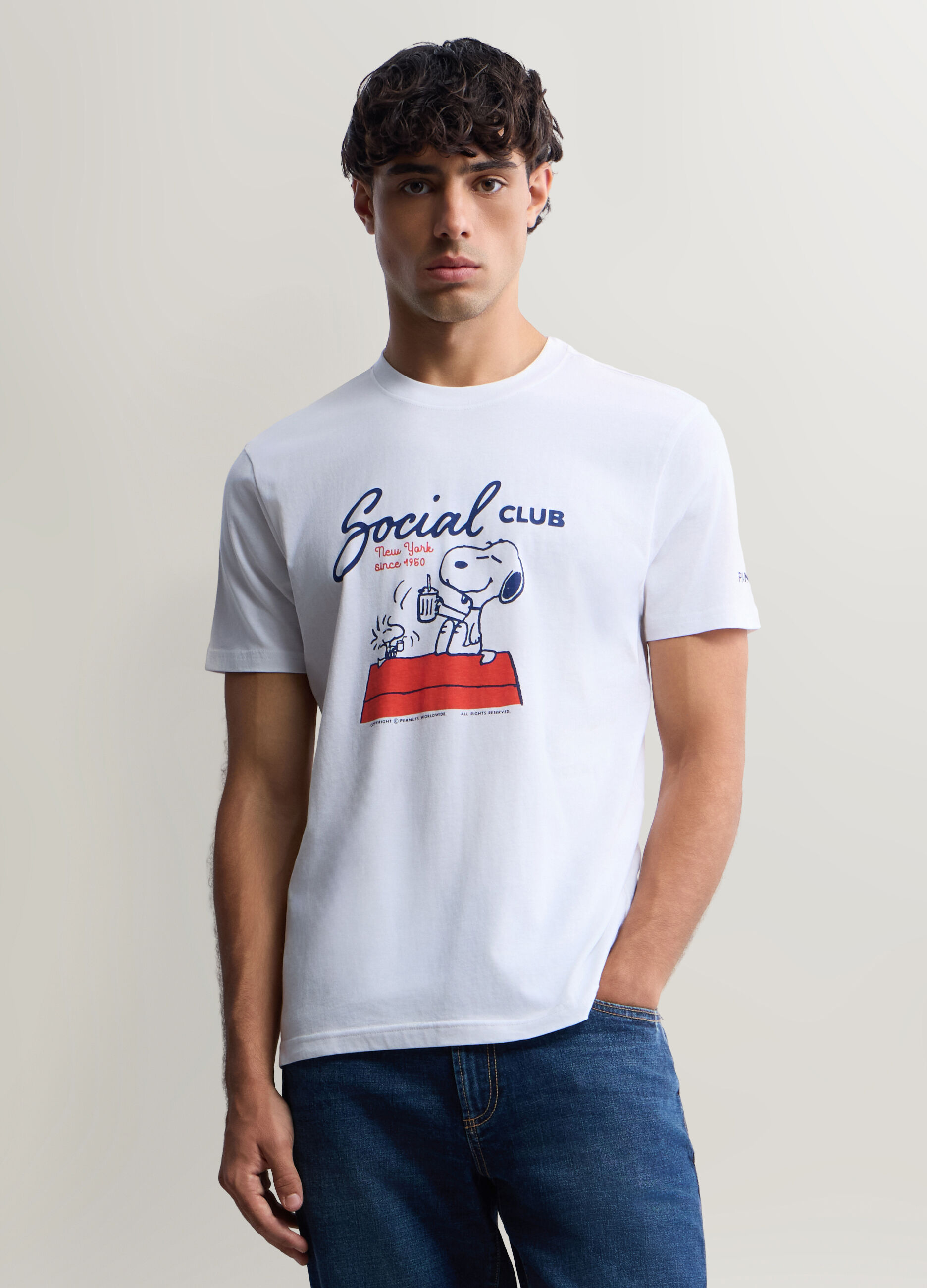 T-shirt girocollo in cotone con stampa Peanuts uomo