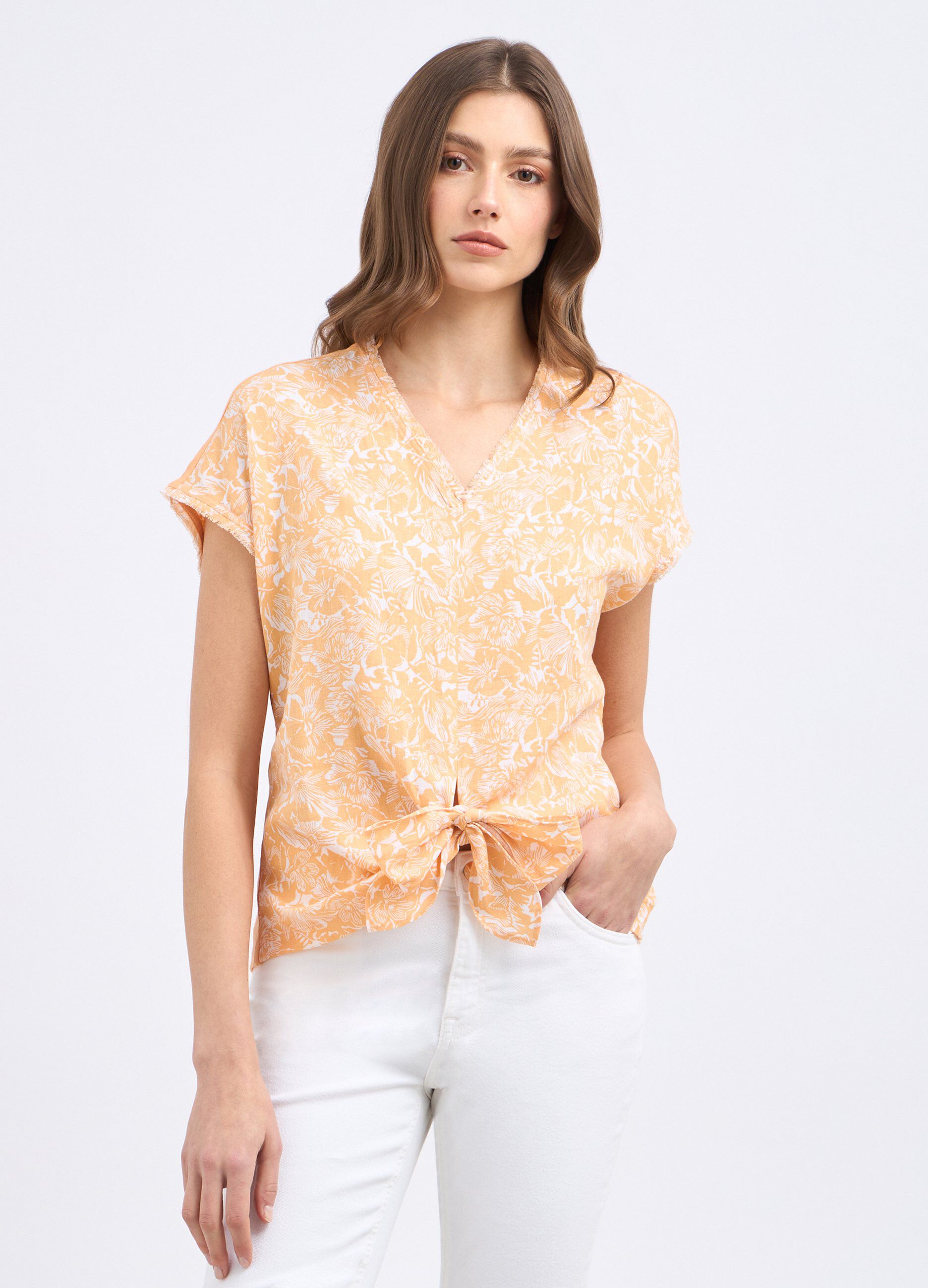 T-shirt in misto lino con stampa donna_0