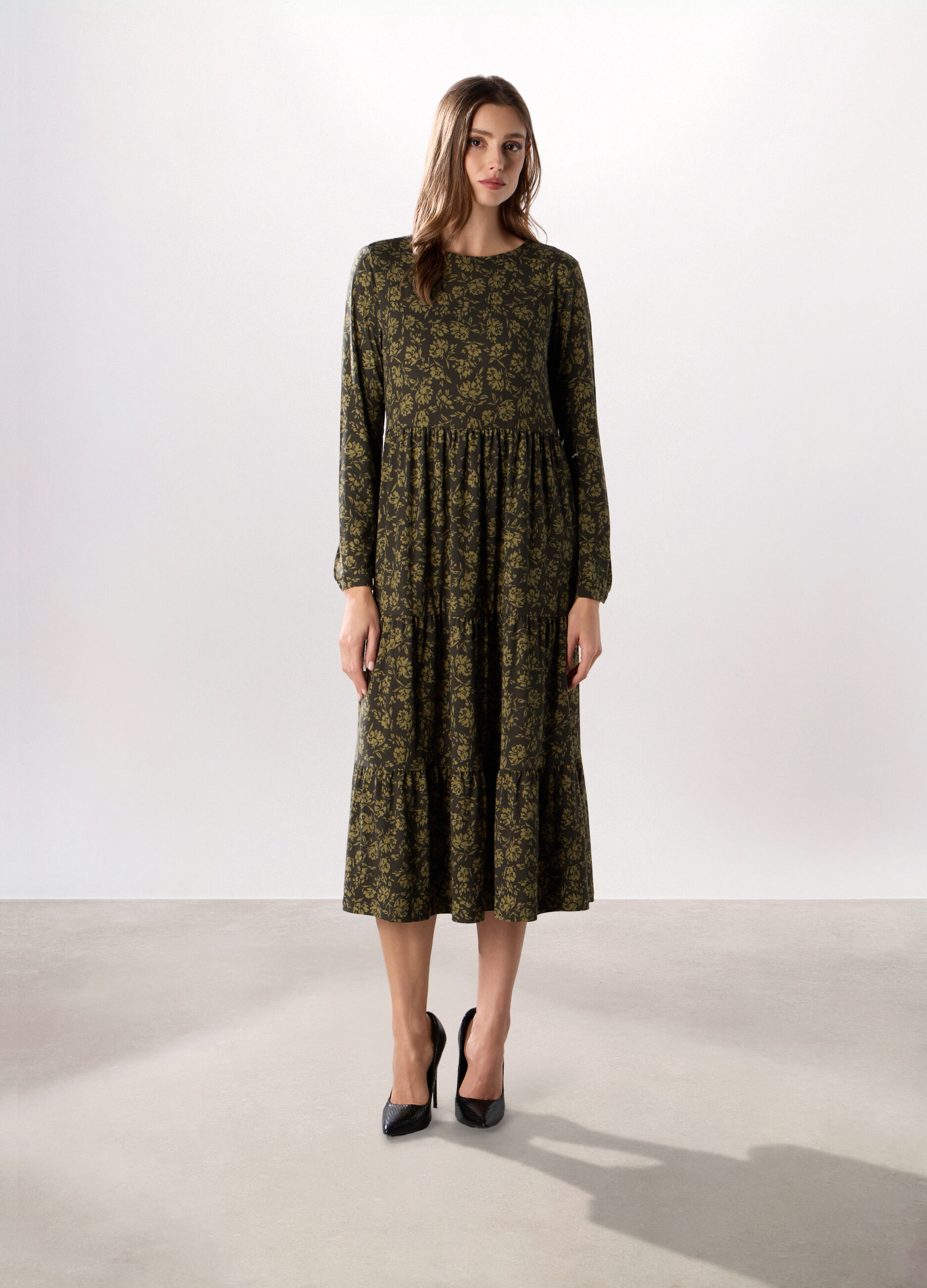 Abito lungo a balze in jersey stretch donna_0