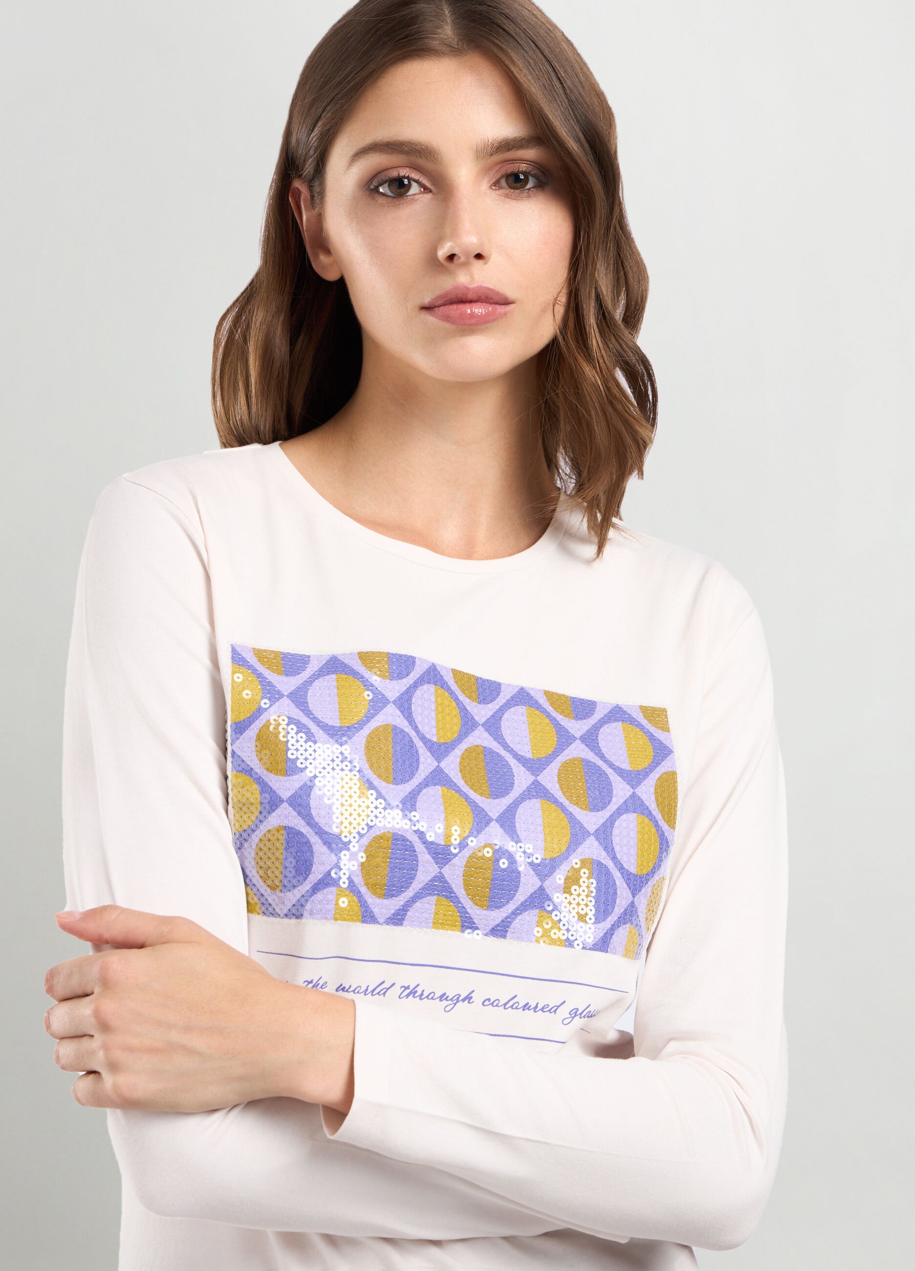 T-shirt in jersey di cotone stretch con paillettes donna_2