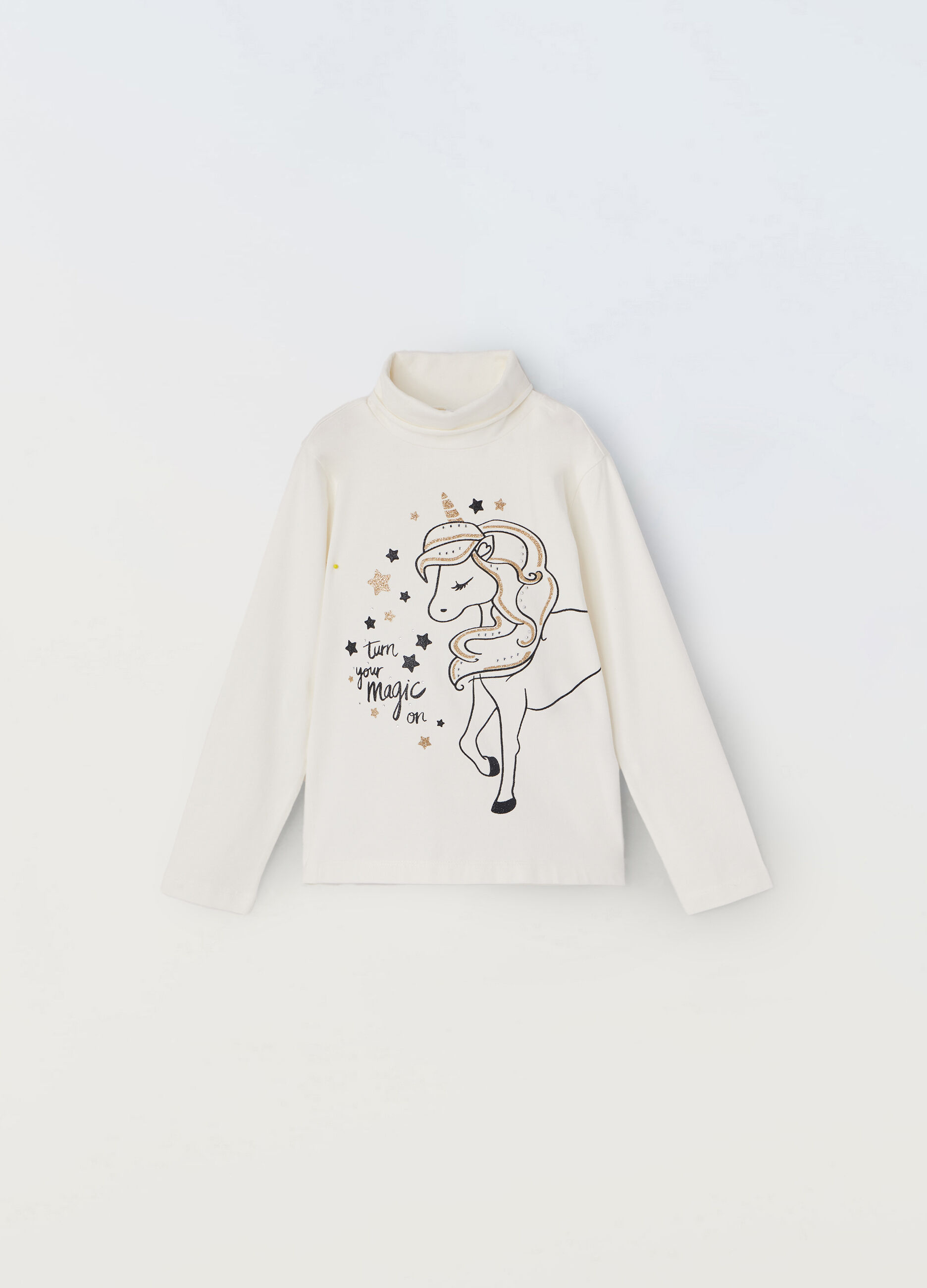 Dolcevita in cotone stretch con stampa glitter bambina_0